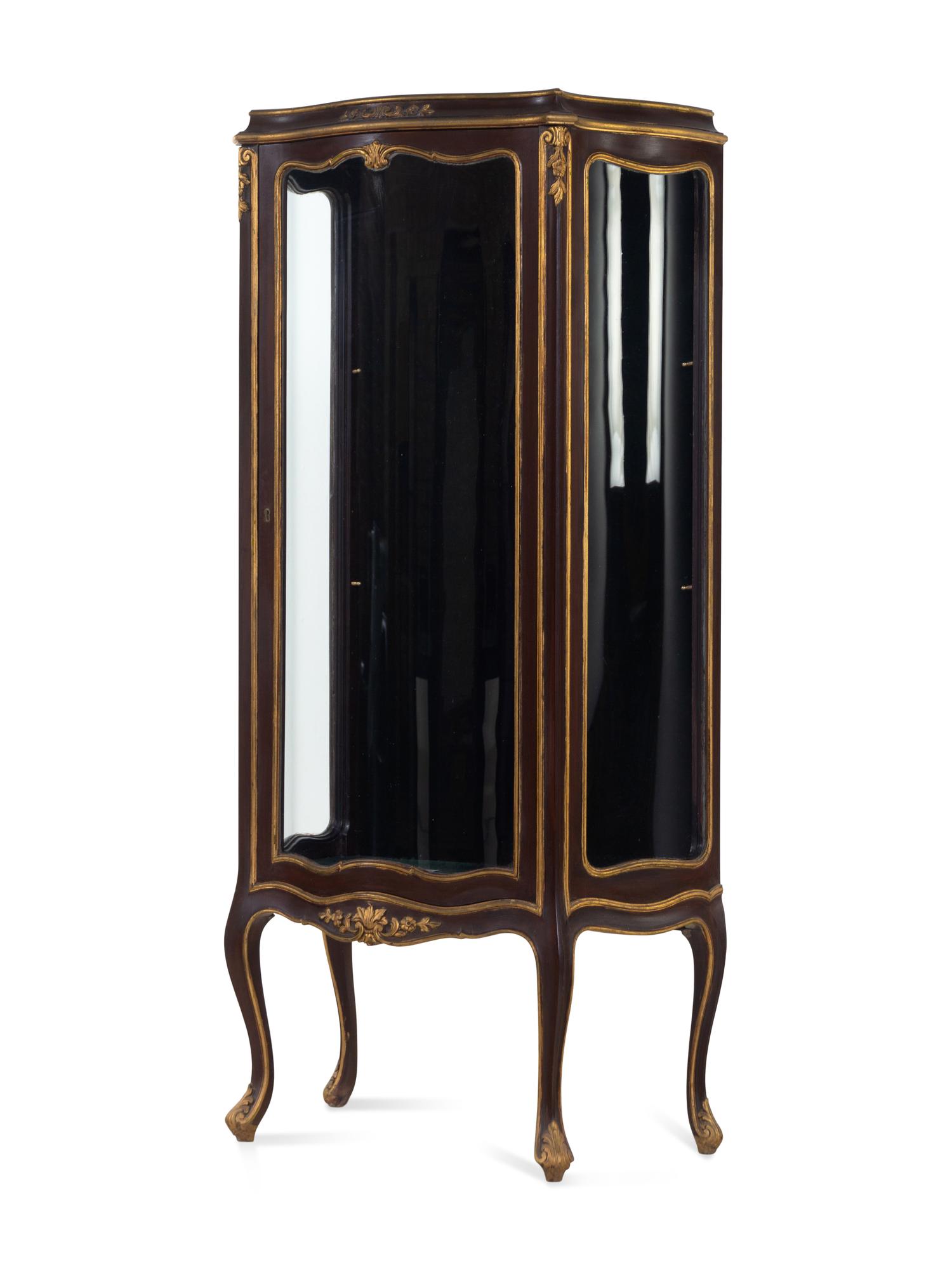A Louis XV Style Parcel Gilt Walnut Vitrine Cabinet