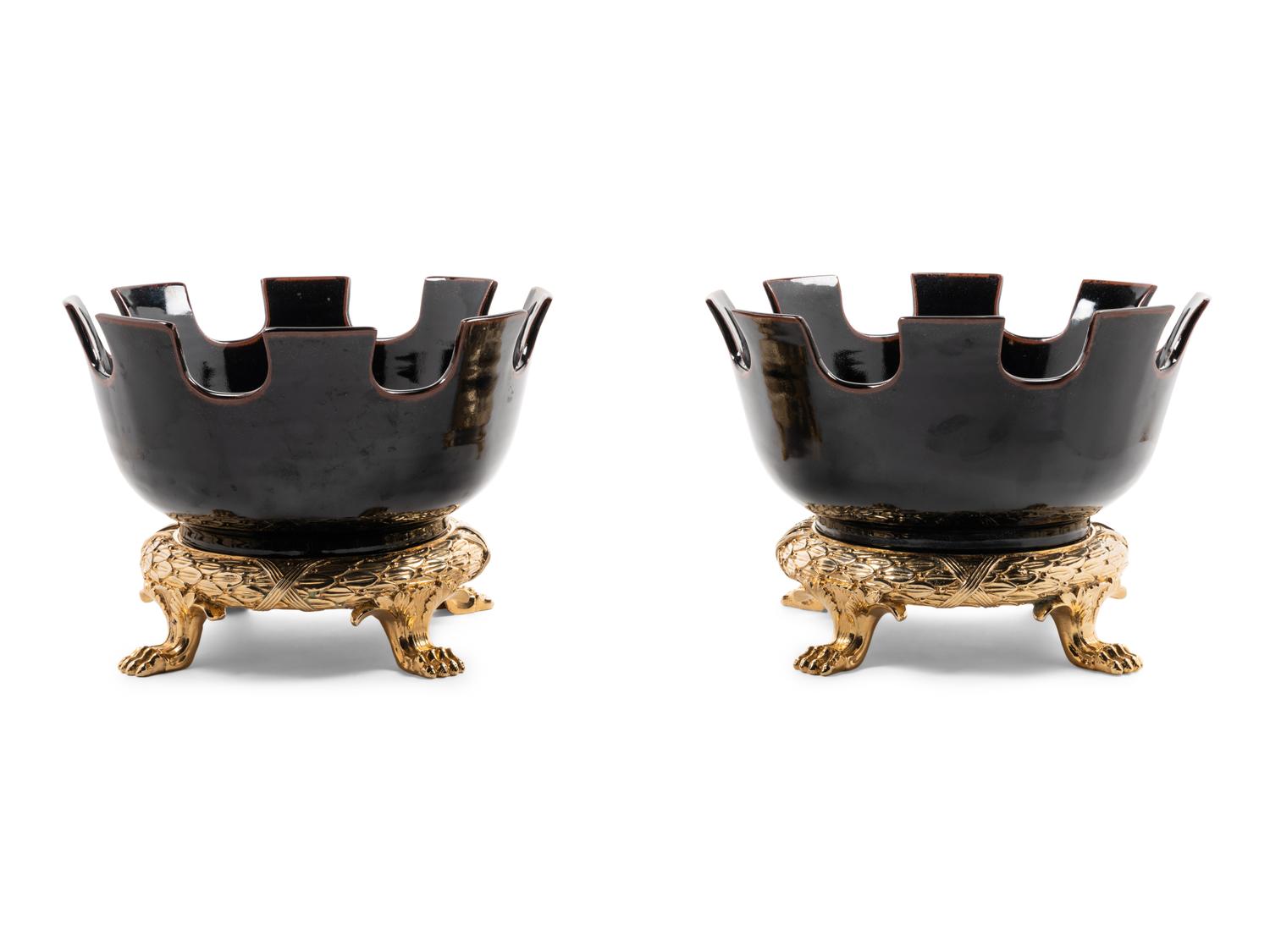 A Pair of Contemporary Ceramic and Gilt Metal Jardinières