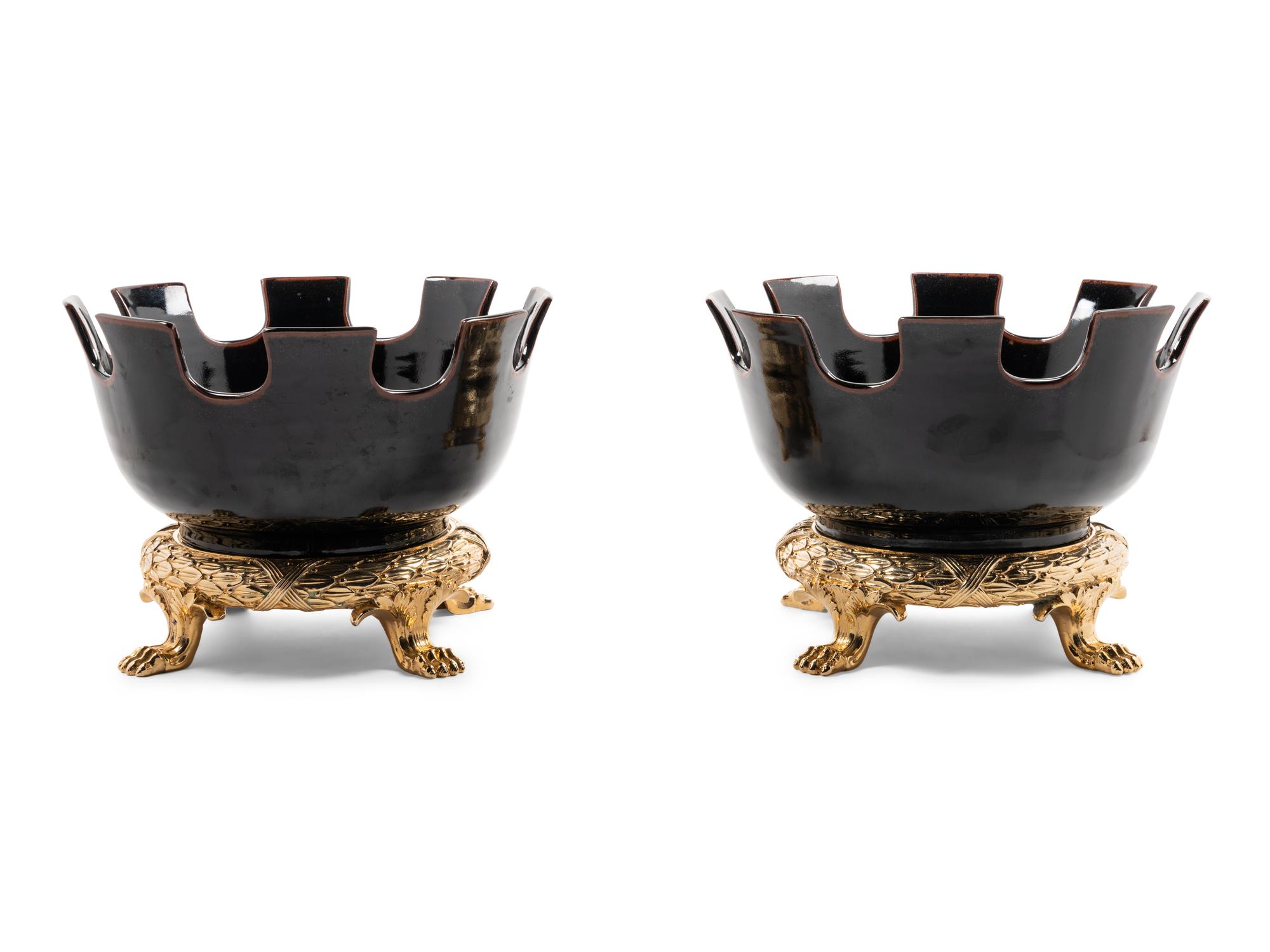 A Pair of Contemporary Ceramic and Gilt Metal Jardinières