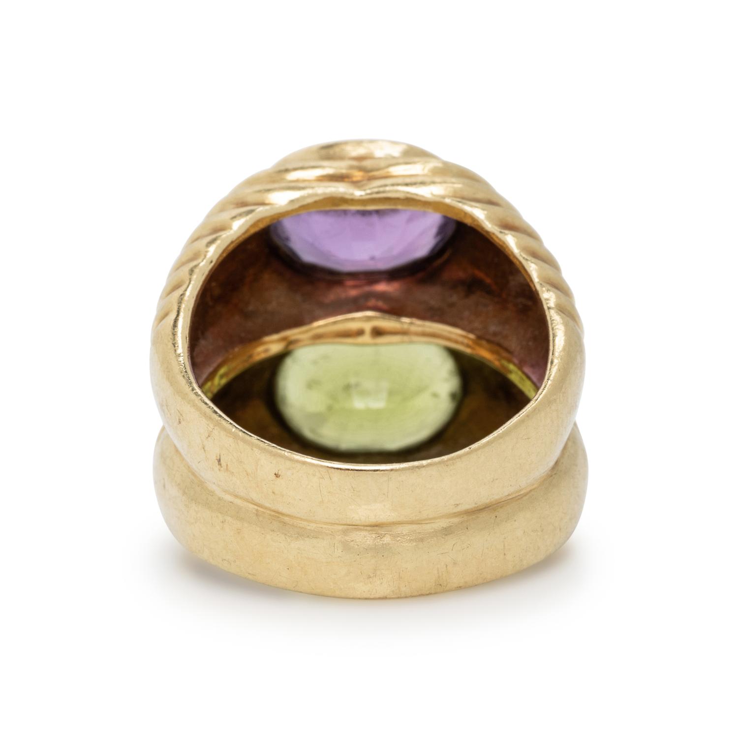 AMETHYST, PERIDOT, AND YELLOW GOLD RING