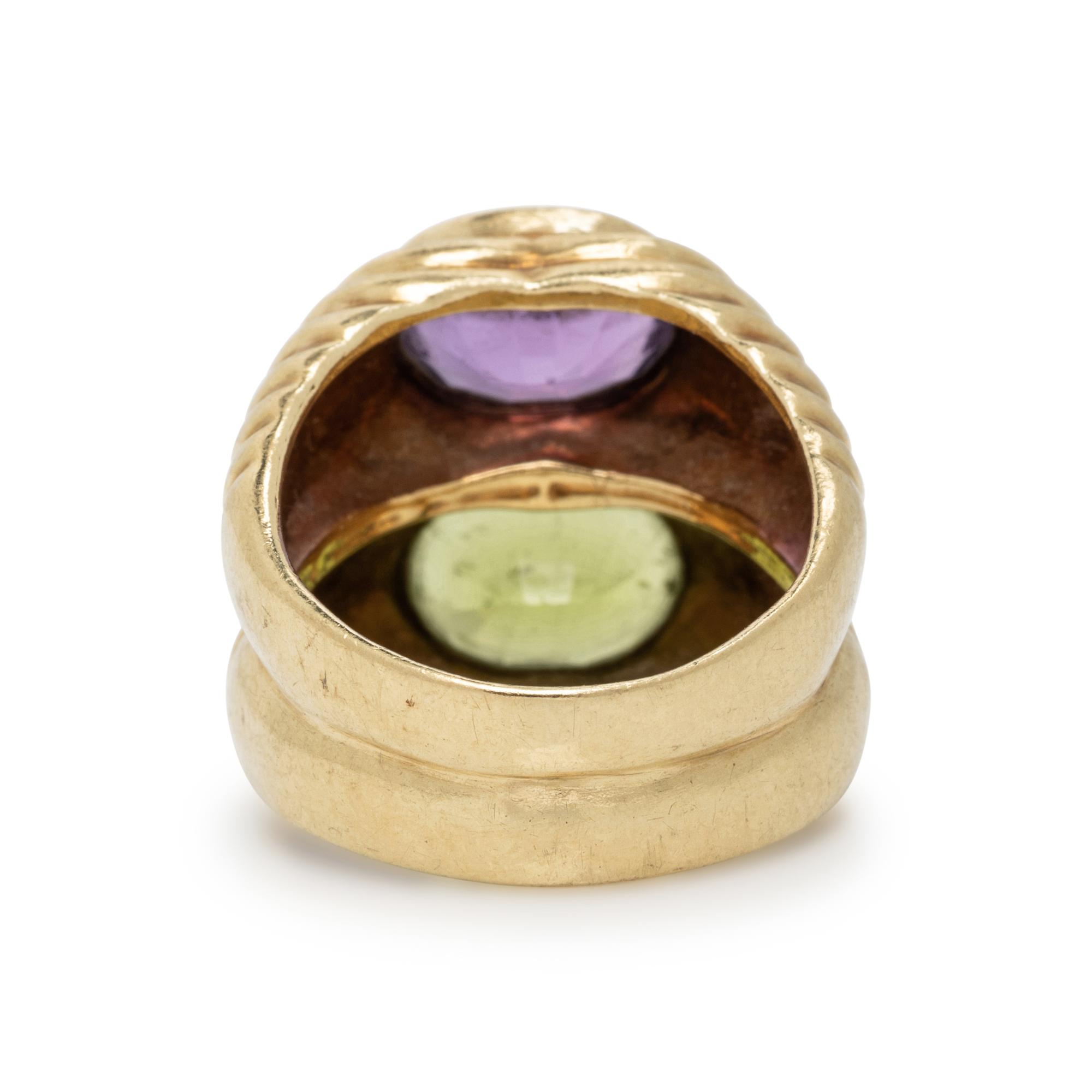 AMETHYST, PERIDOT, AND YELLOW GOLD RING