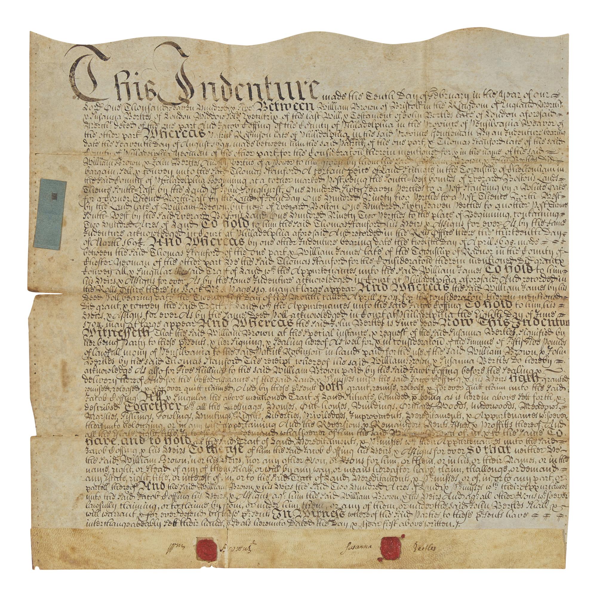 [Philadelphia] Signed 1705 Philadelphia land indenture