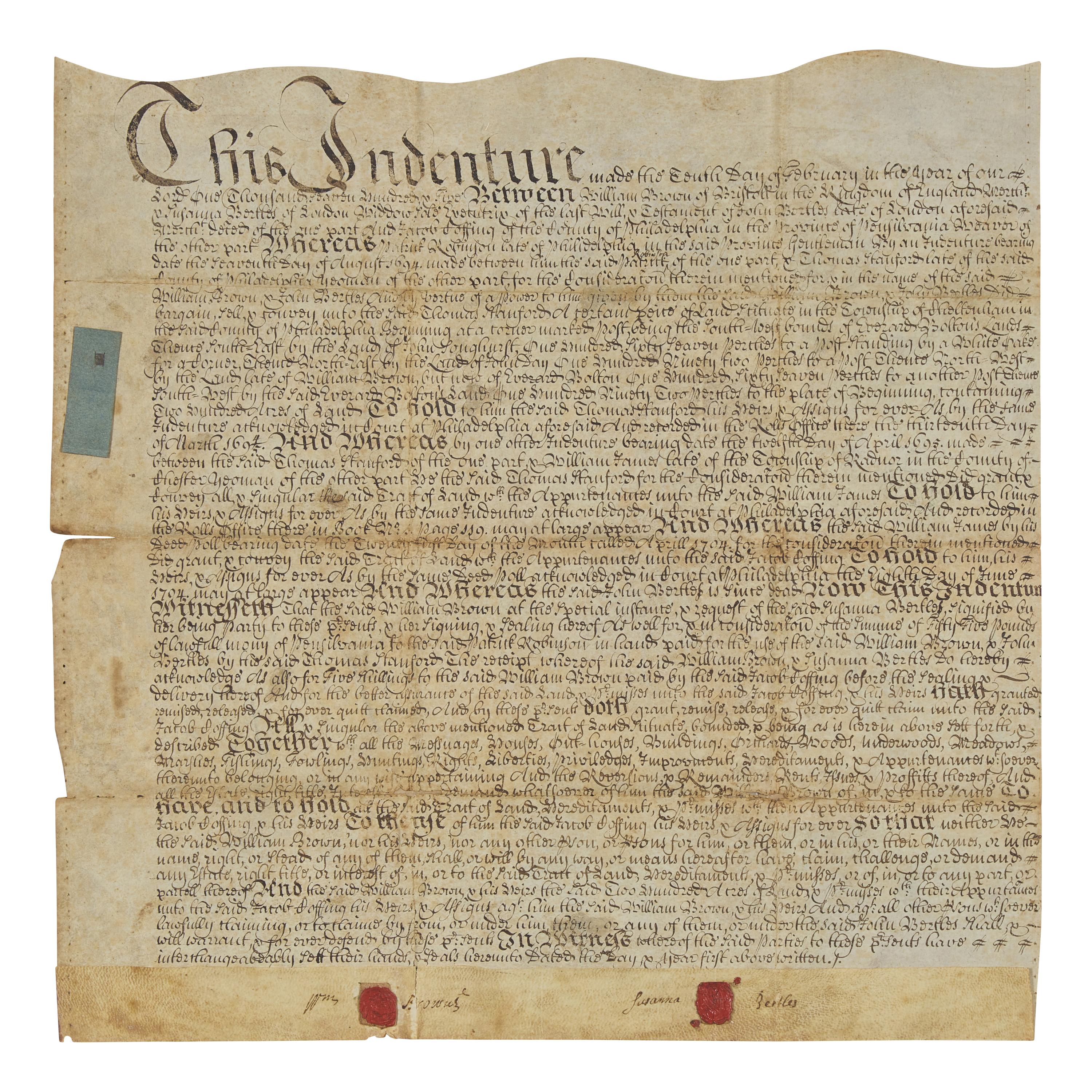 [Philadelphia] Signed 1705 Philadelphia land indenture