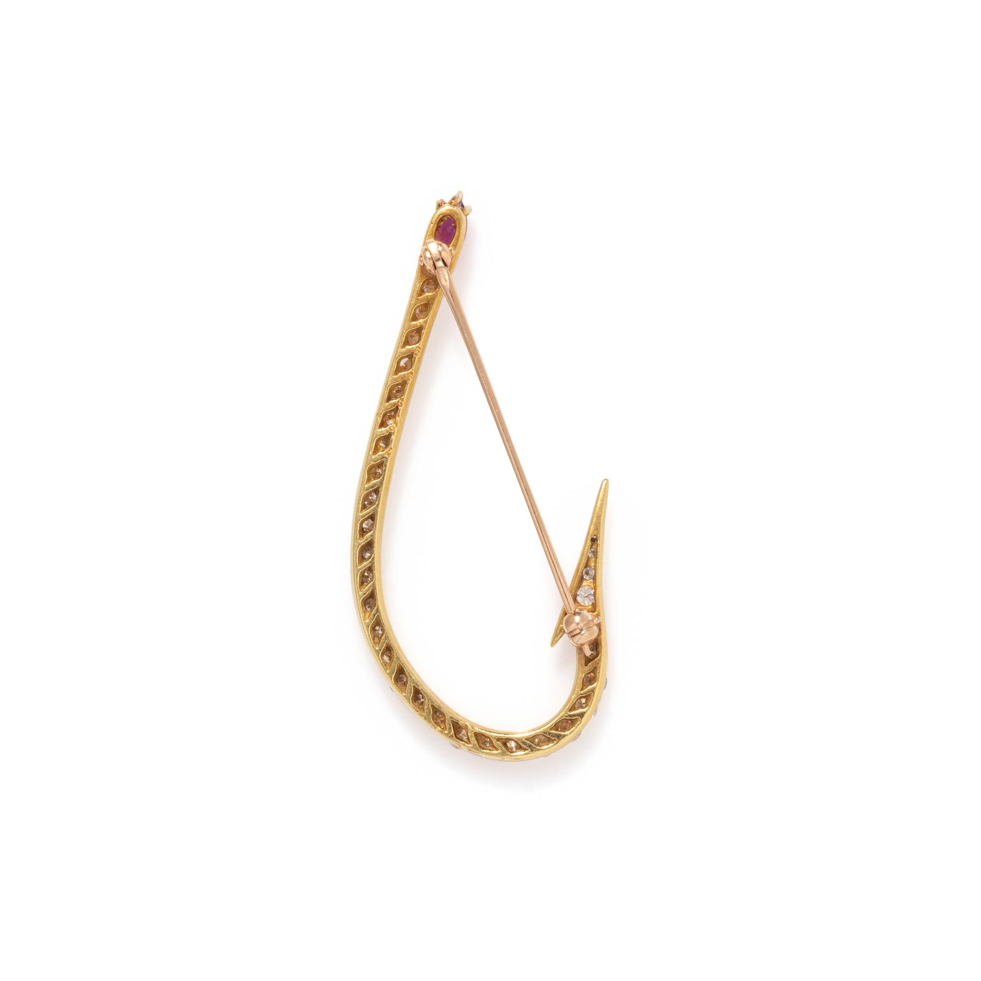 DIAMOND AND RUBY FISH HOOK BROOCH