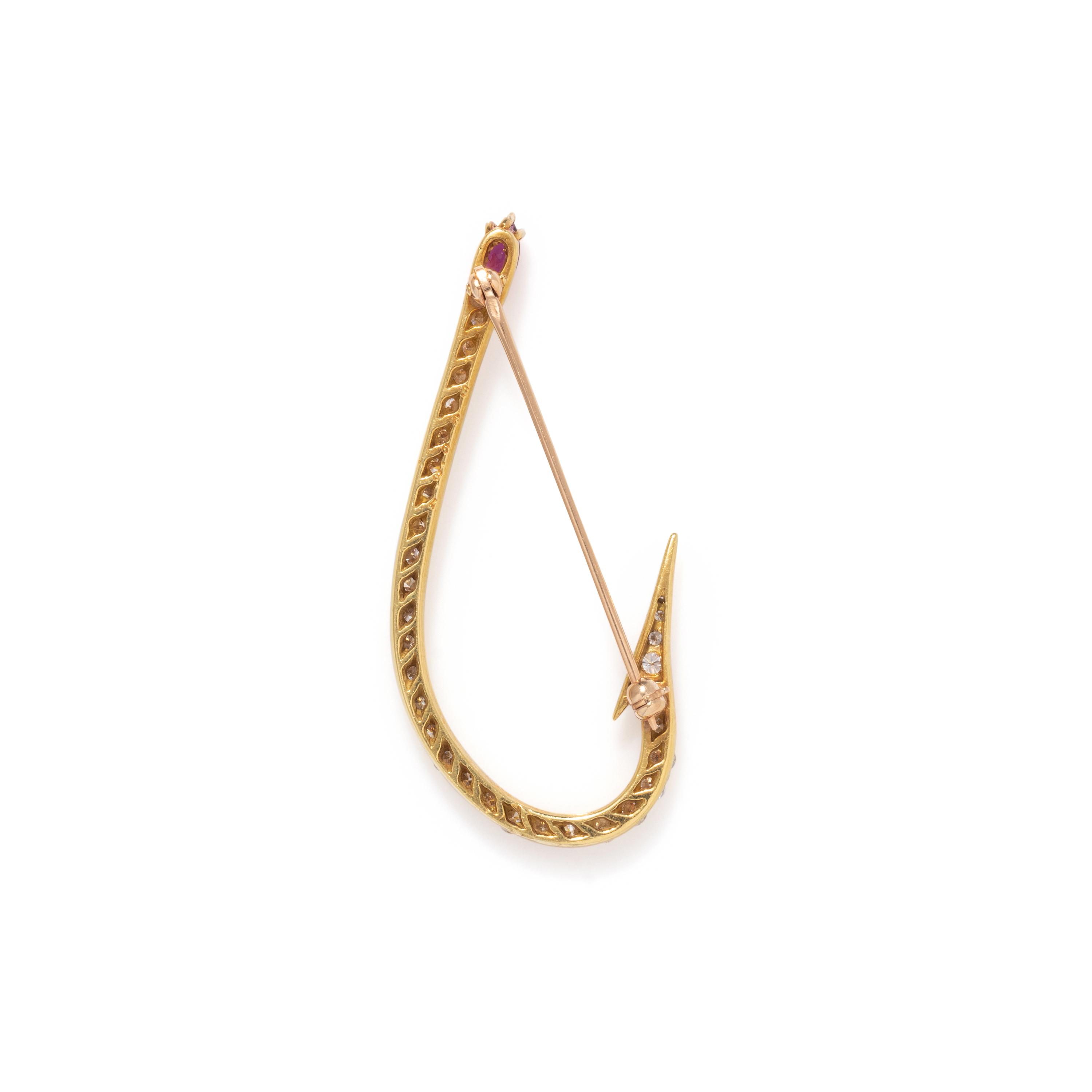 DIAMOND AND RUBY FISH HOOK BROOCH