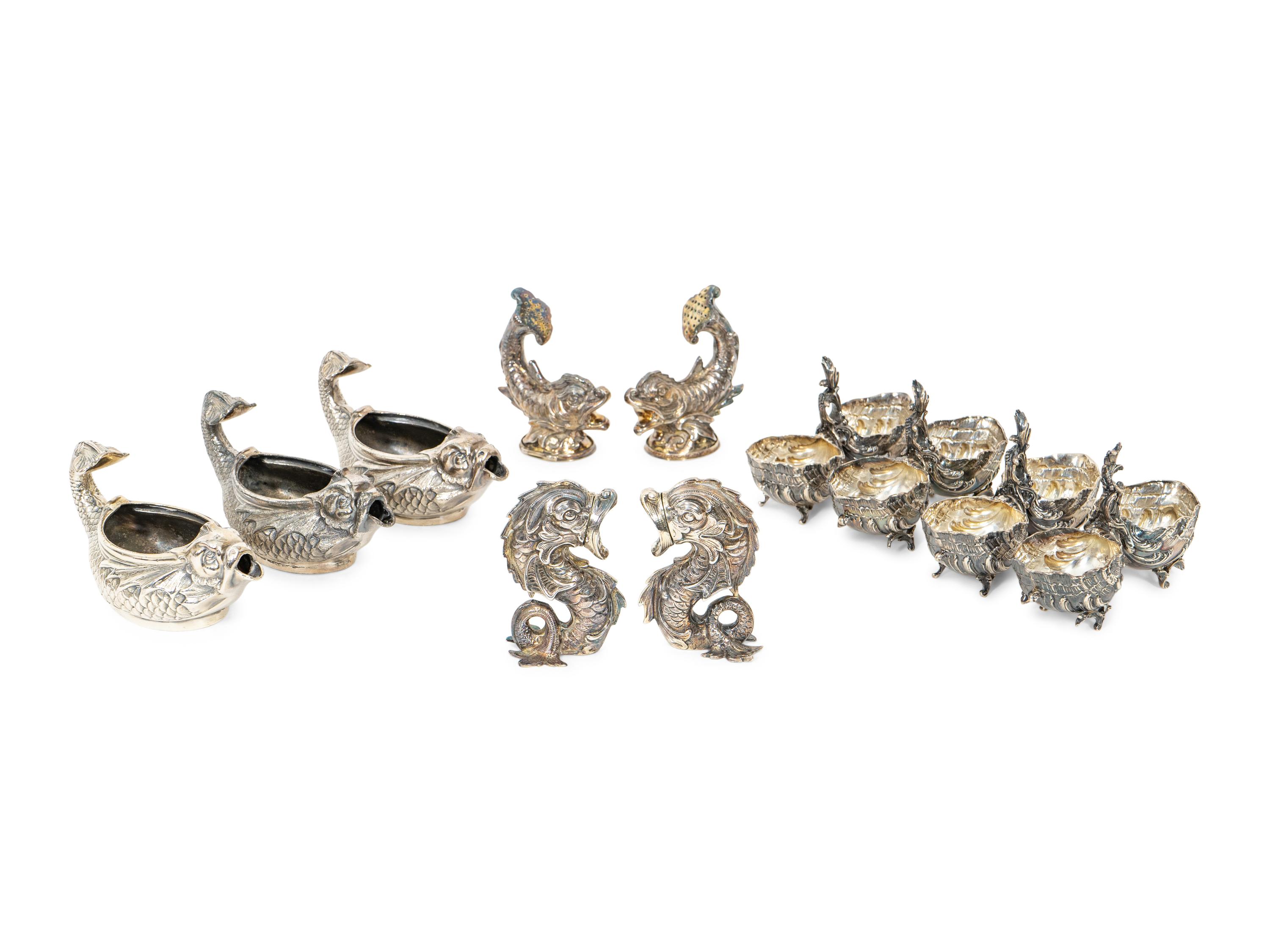 A Set of Four French Silver Double-Salts and Two Pairs of German Silver Salt and Pepper Casters