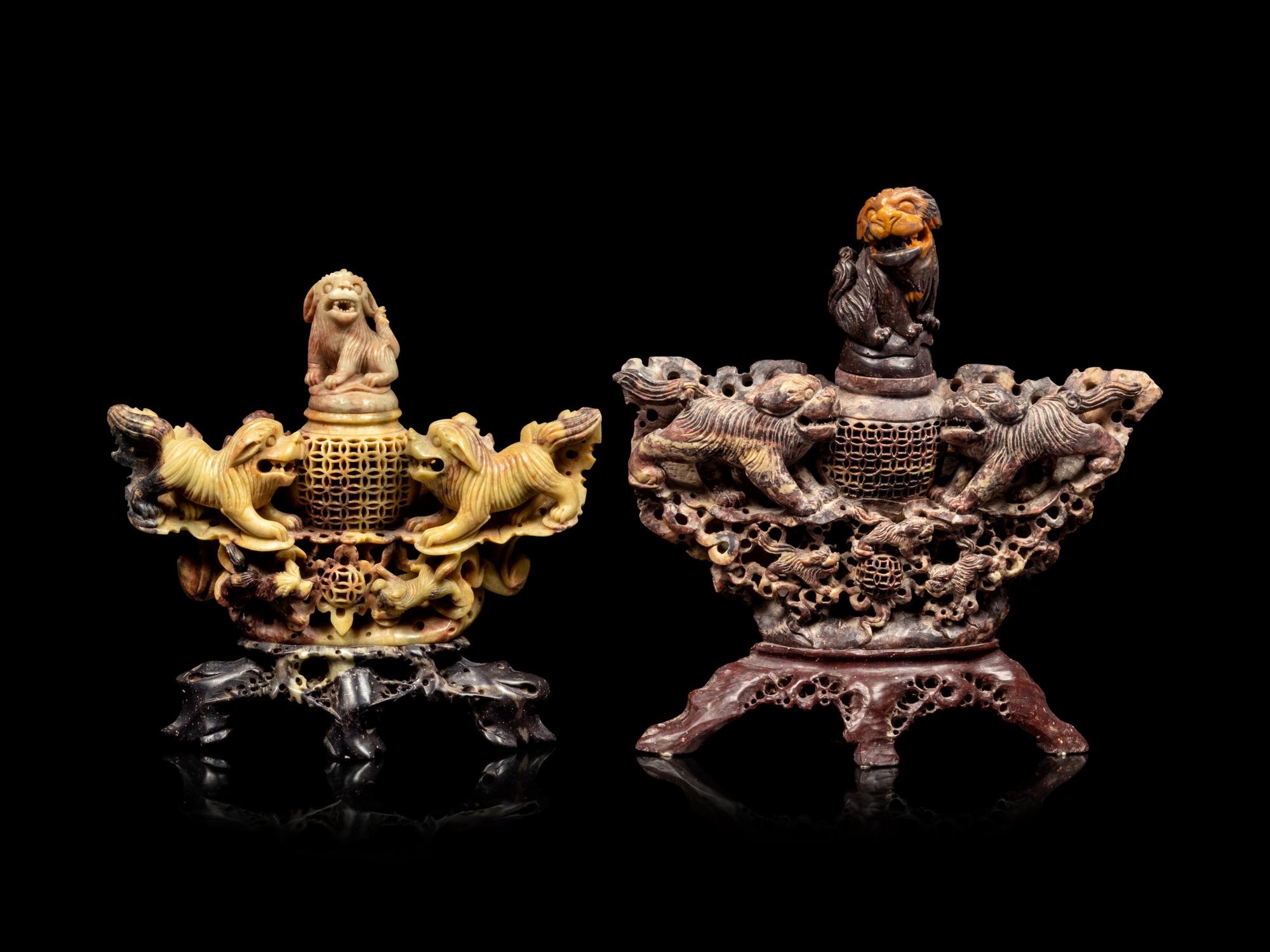 Two Chinese Carved Soapstone Incense Burners