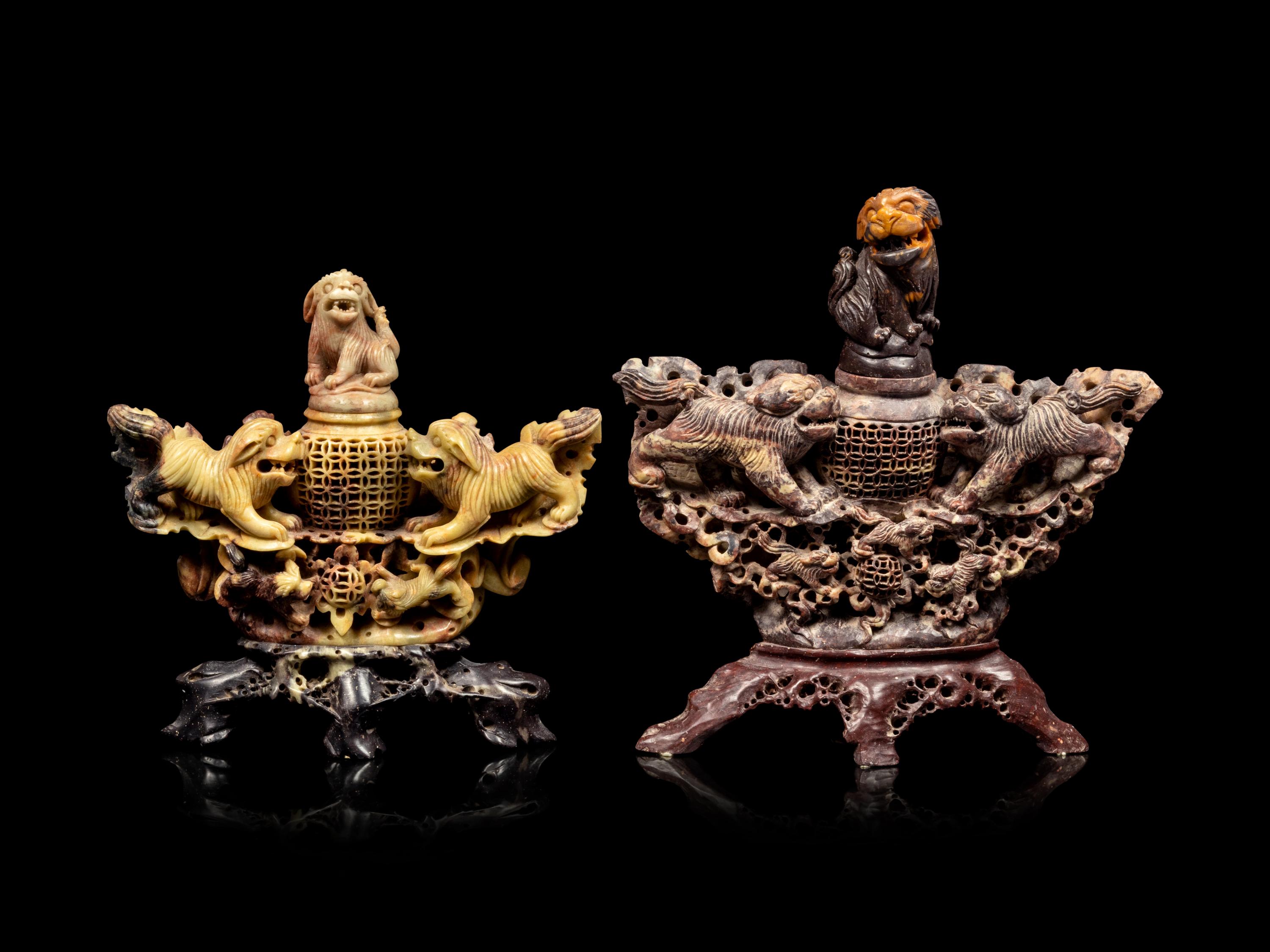 Two Chinese Carved Soapstone Incense Burners