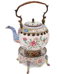 A Canton Enamel Teapot on Warming Stand, Height over handle 11 1/2 inches.