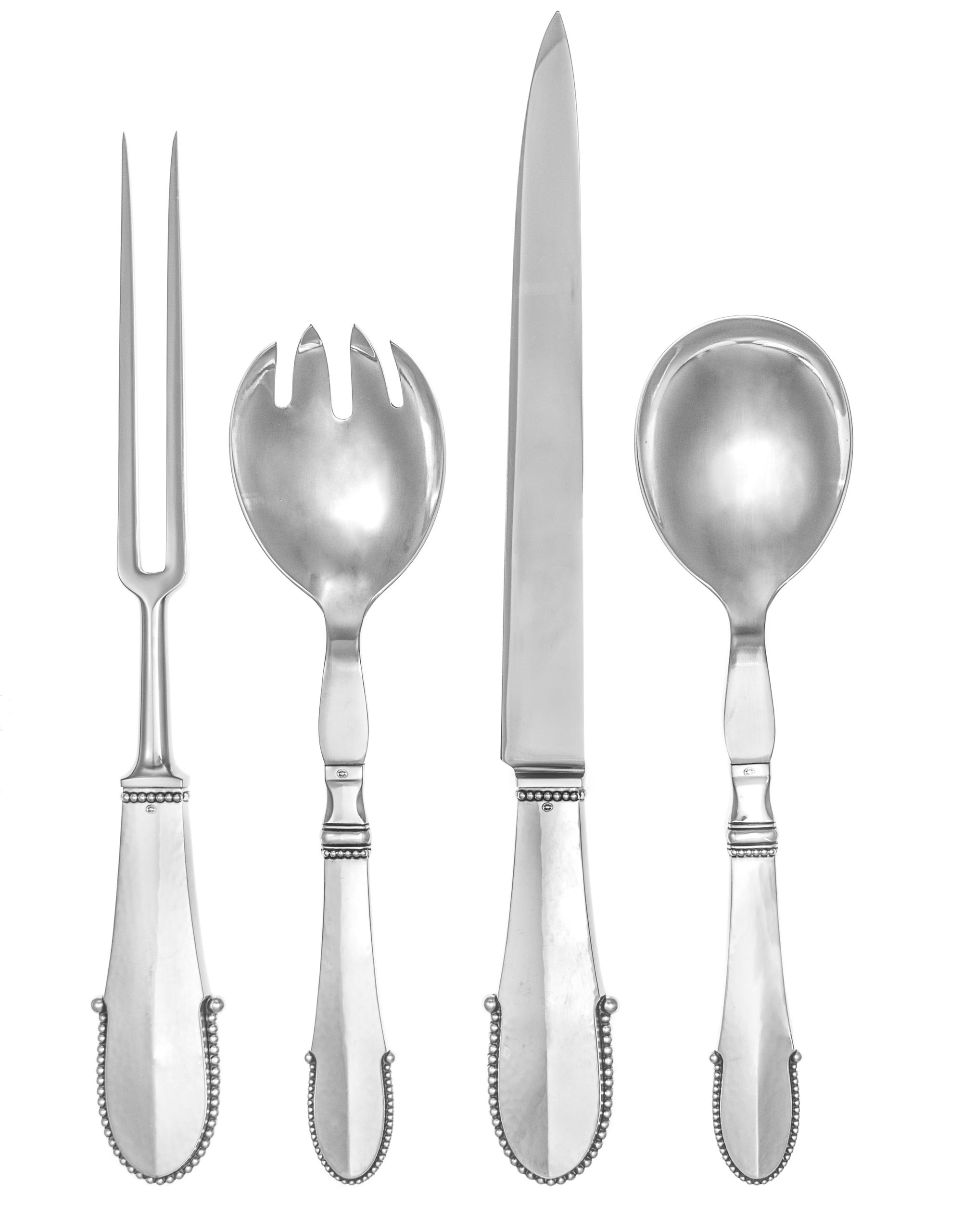 A Set of Four Danish Silver Serving Articles, Georg Jensen Silversmithy, Copenhagen, 1945-77, Beaded pattern, comprising a carving set