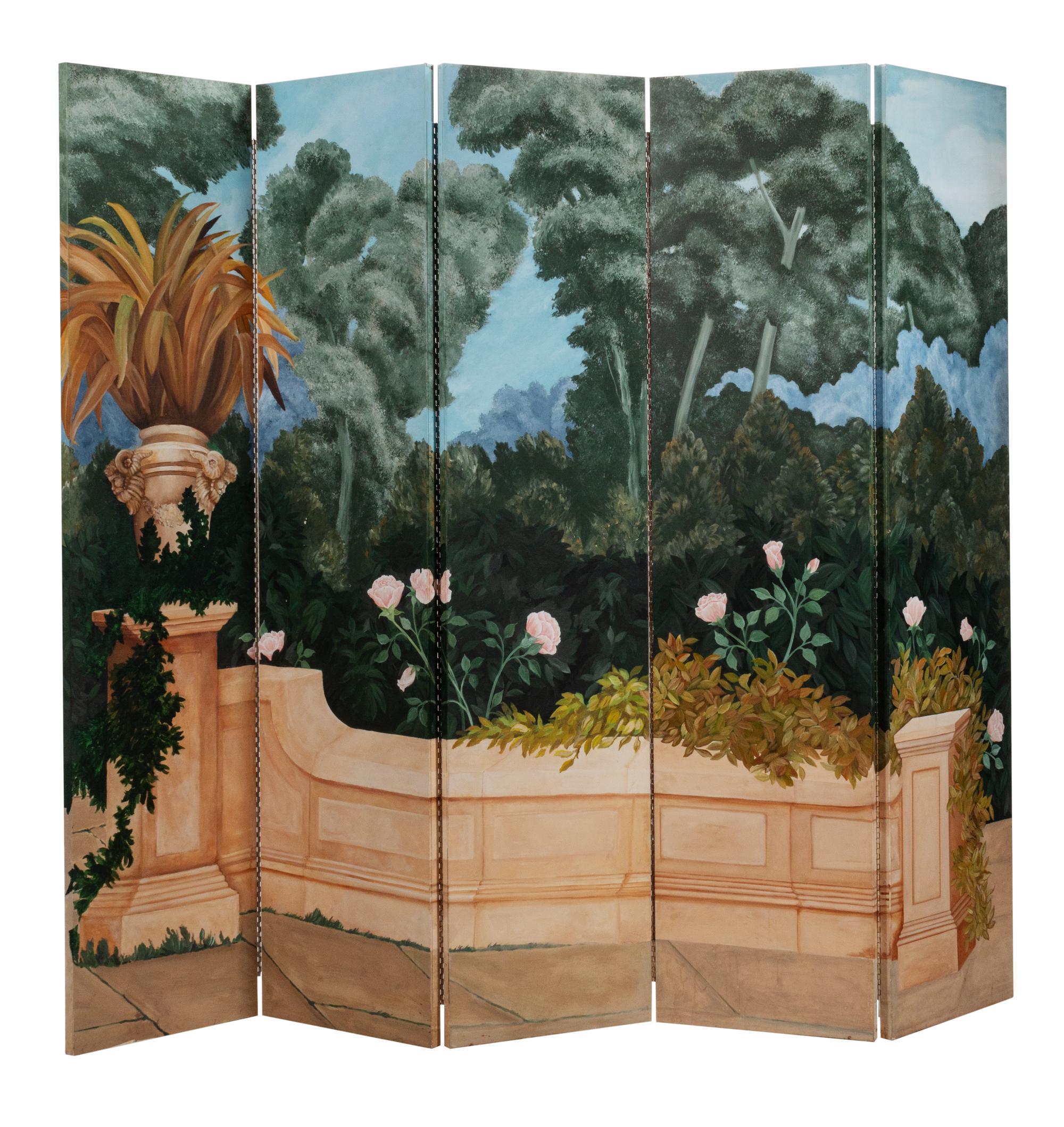 A Continental Painted Canvas Ten-Panel Floor Screen