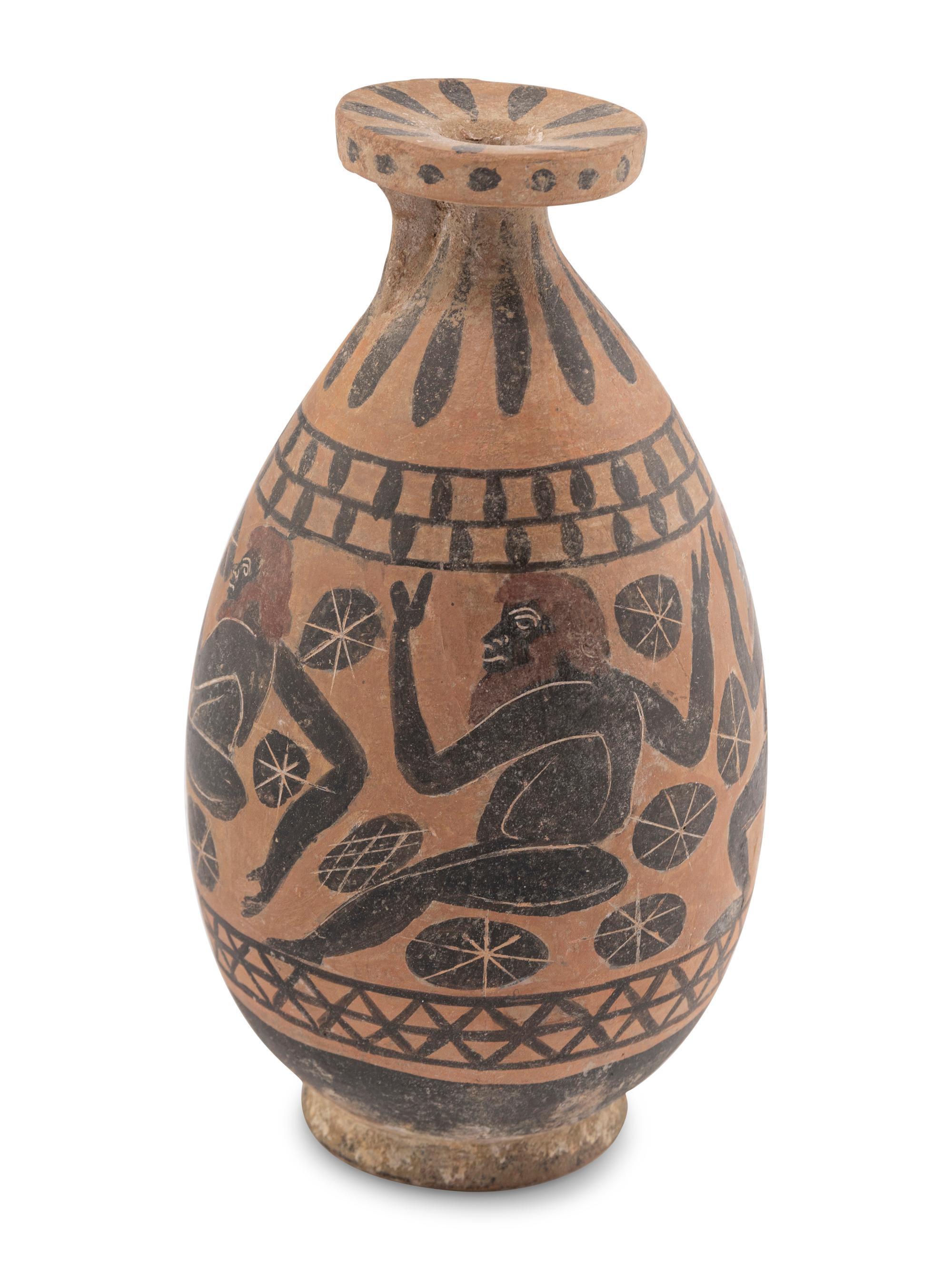 An Etruscan Aryballos with Dancing Satyrs in Black-Figured Style