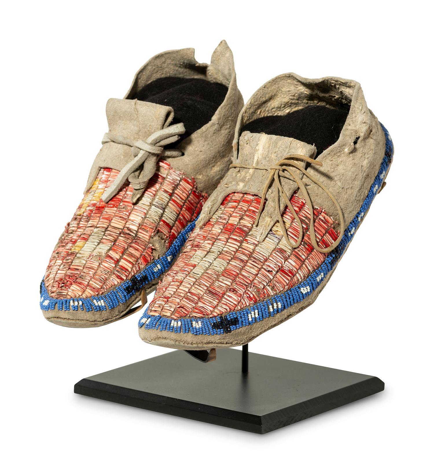 Northern Plains Quilled and Beaded Hide Moccasins