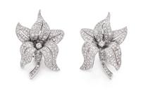 A Pair of 18 Karat White Gold and Diamond Flower Earclips, French,