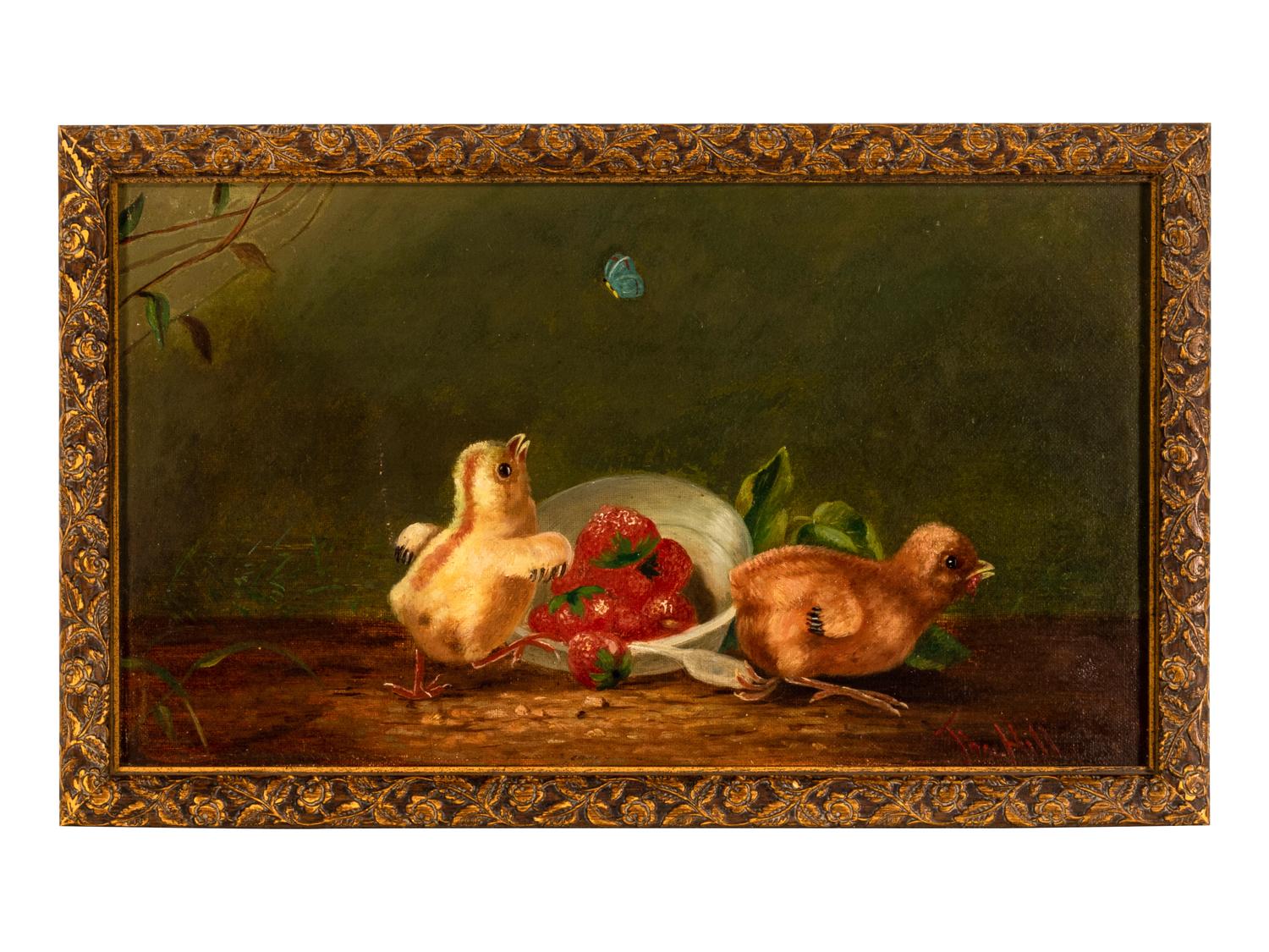 Two Chicks, Butterfly, and Bowl of Strawberries