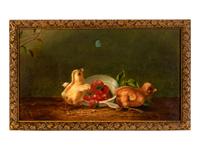Two Chicks, Butterfly, and Bowl of Strawberries
