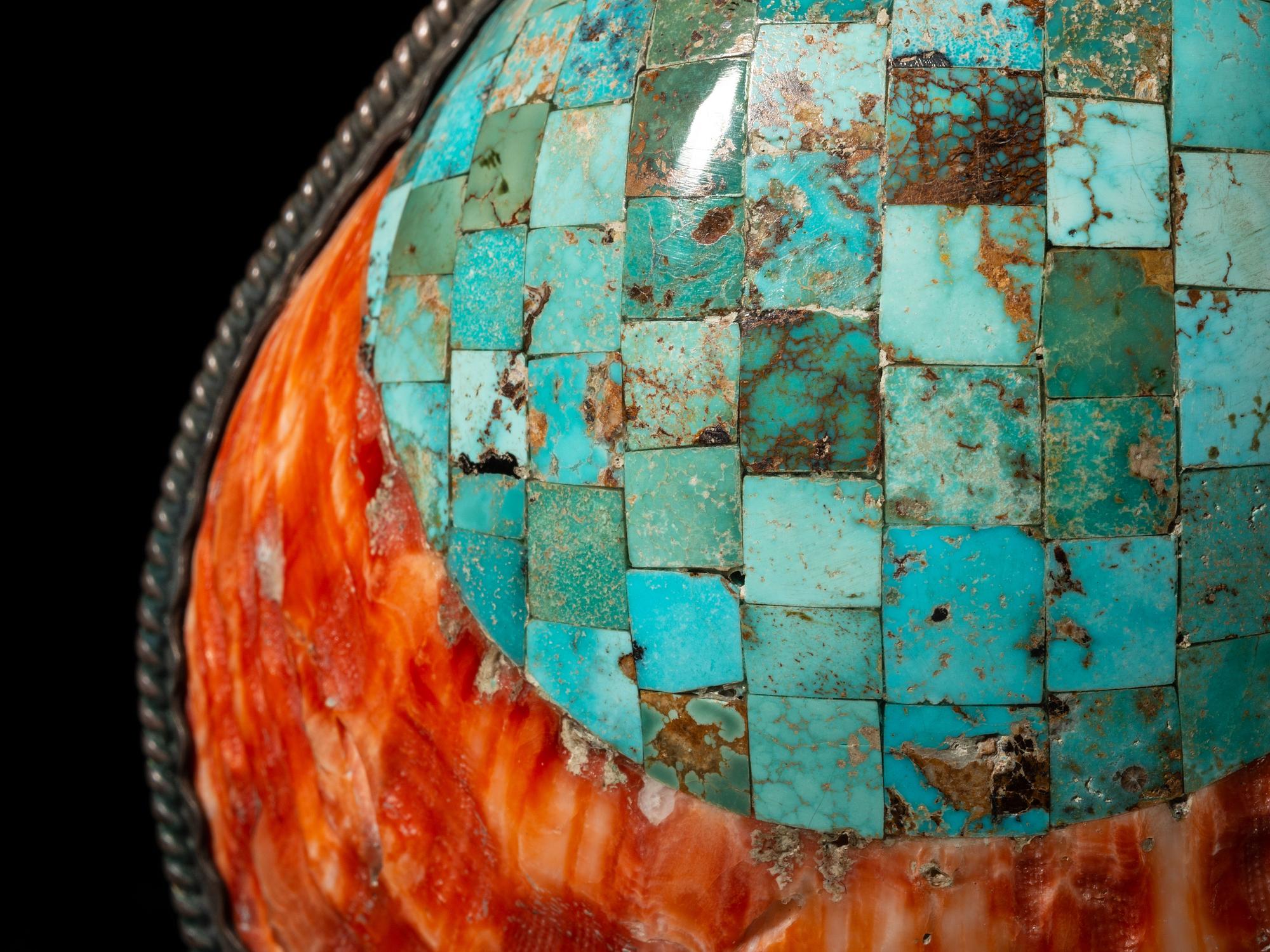 Southwestern-style Spiny Oyster Shell, Turquoise, and Silver Canteen, 2016