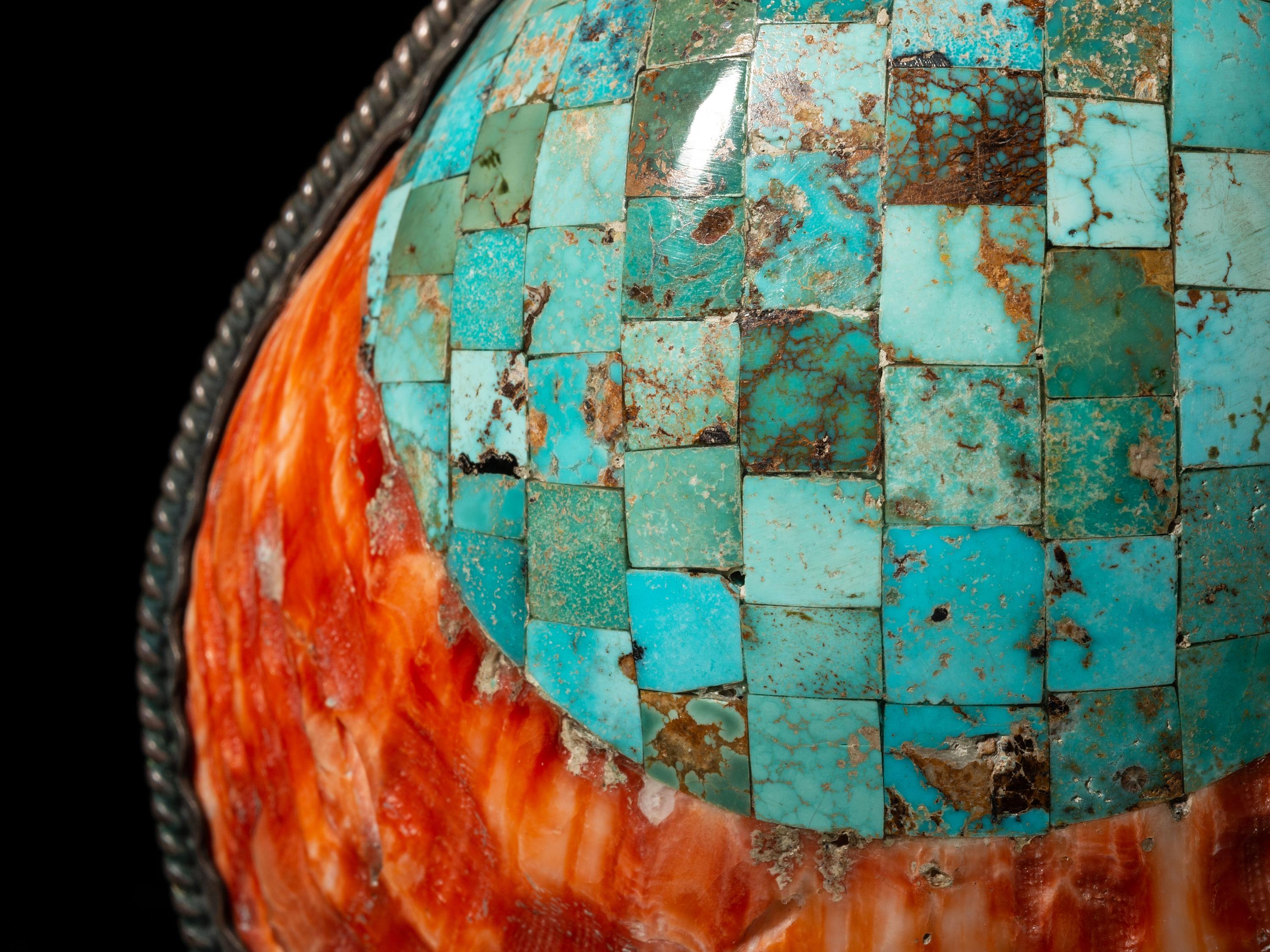 Southwestern-style Spiny Oyster Shell, Turquoise, and Silver Canteen, 2016