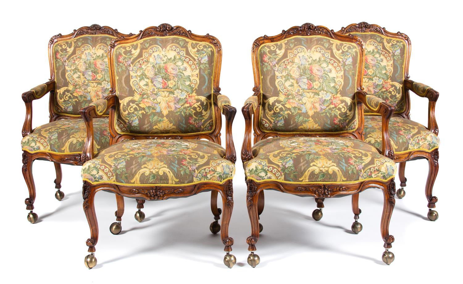 Four Louis XV Style Carved Walnut Fauteuils Height 42 1/2 inches — 20TH CENTURY