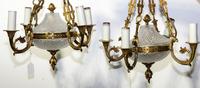 A Pair of Empire Style Gilt Bronze Mounted Cut Glass Four-Light Chandeliers Height 9 1/8 inches.