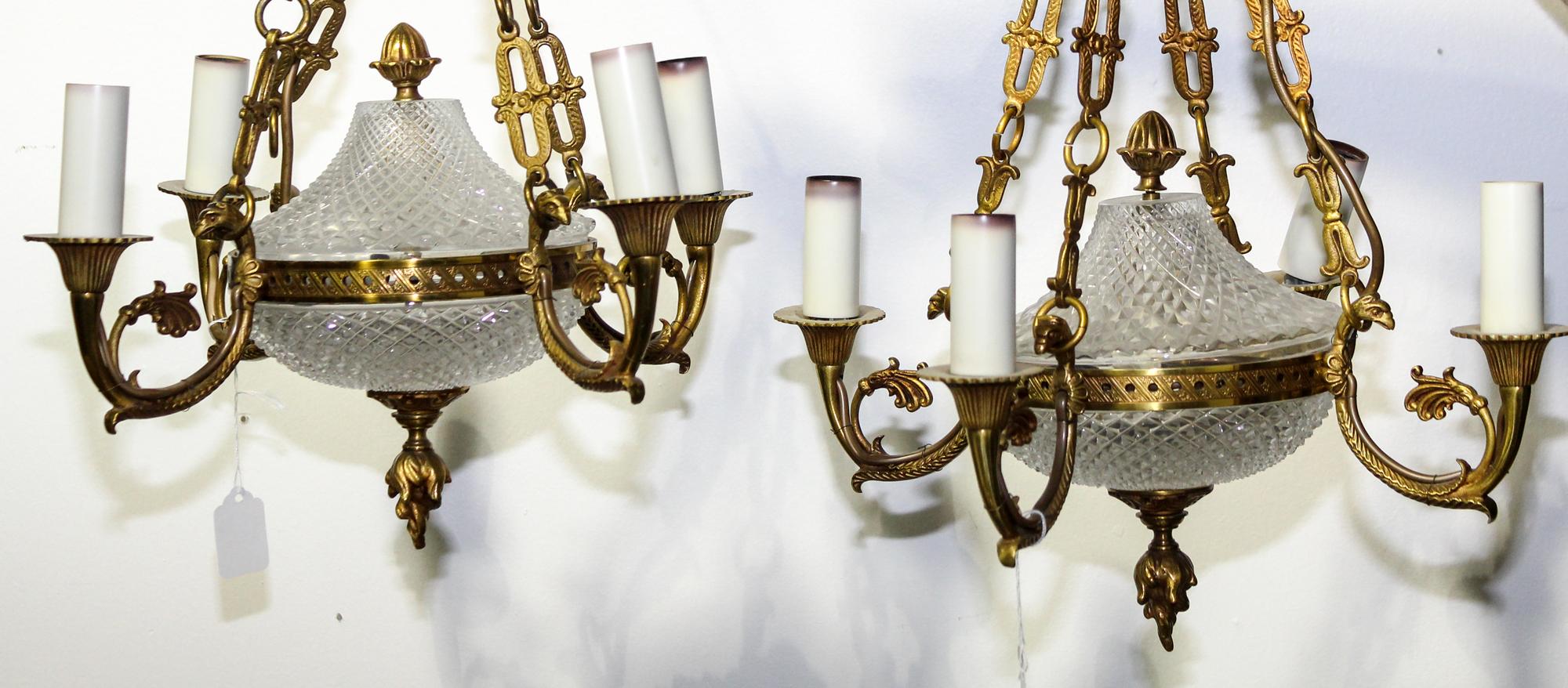 A Pair of Empire Style Gilt Bronze Mounted Cut Glass Four-Light Chandeliers Height 9 1/8 inches.