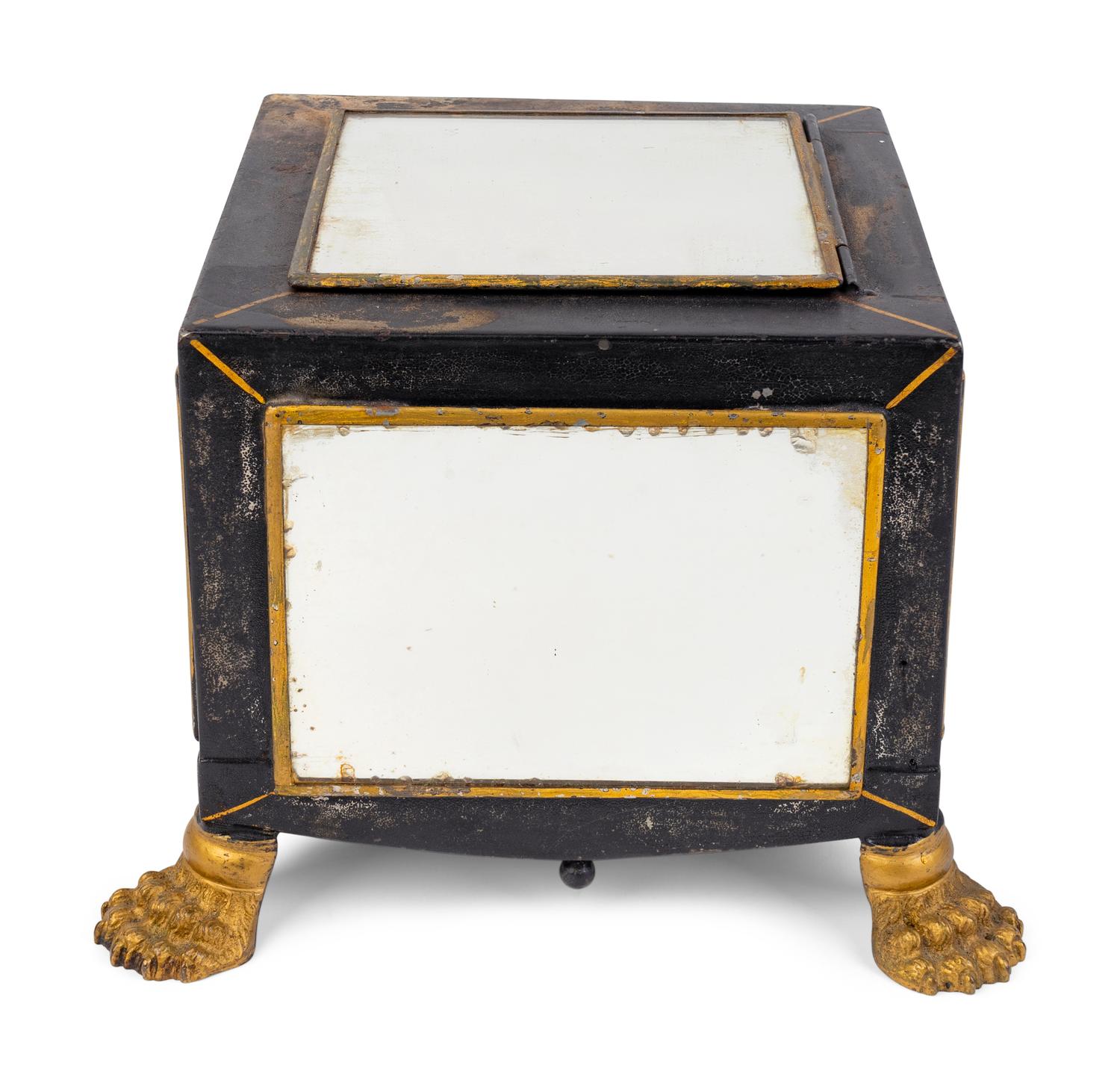 An English Black and Gilt Decorated Tole Box with Mirrored Panels — 19TH CENTURY