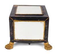 An English Black and Gilt Decorated Tole Box with Mirrored Panels — 19TH CENTURY