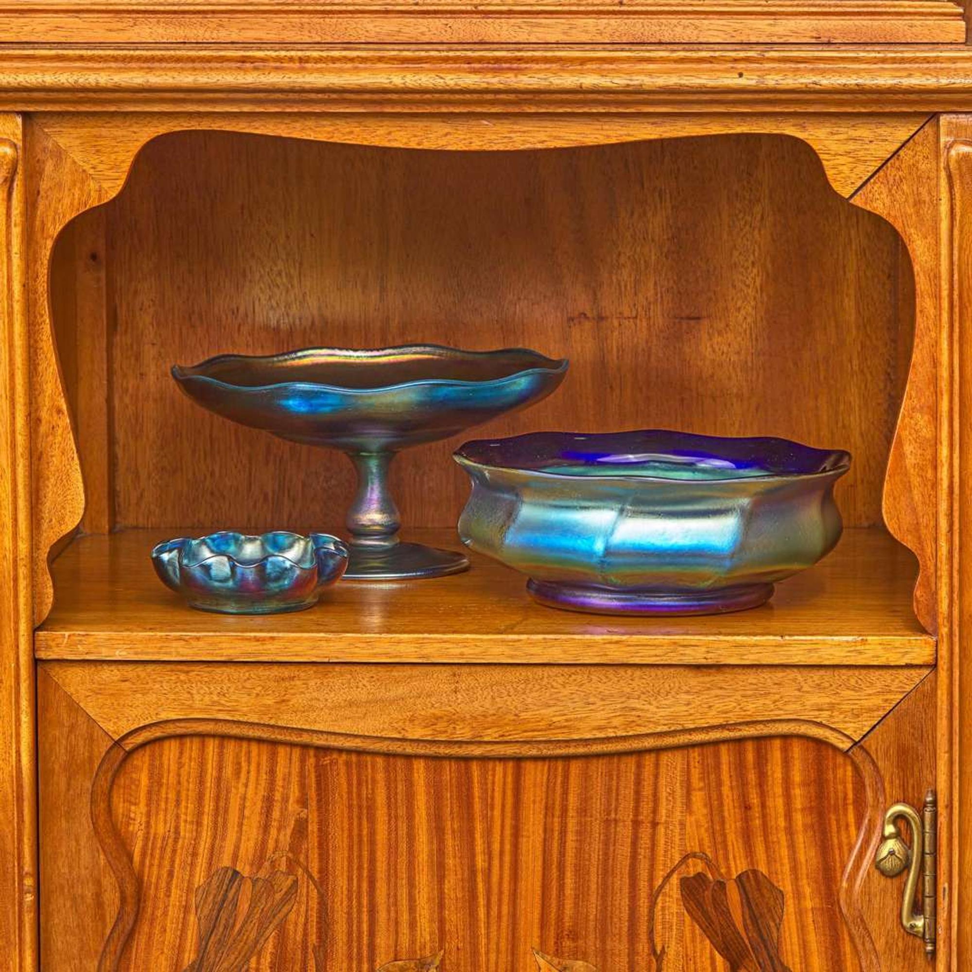 Tiffany Studios Group of Three Blue Favrile Glass Articles, circa 1905
