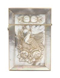 A Carved Mother-of-Pearl and Ivory Banded Card Case, Height 3 5/8 inches.