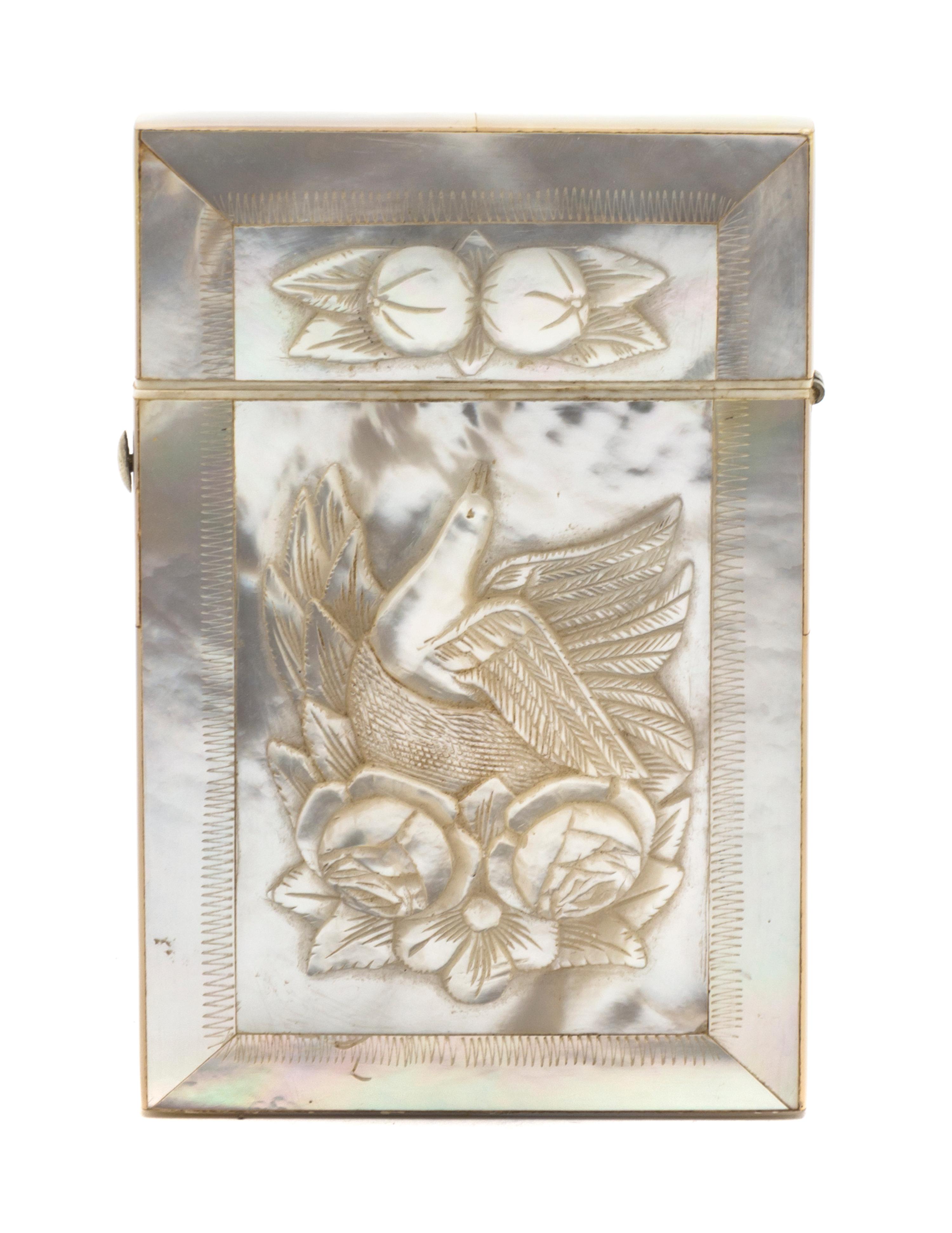 A Carved Mother-of-Pearl and Ivory Banded Card Case, Height 3 5/8 inches.