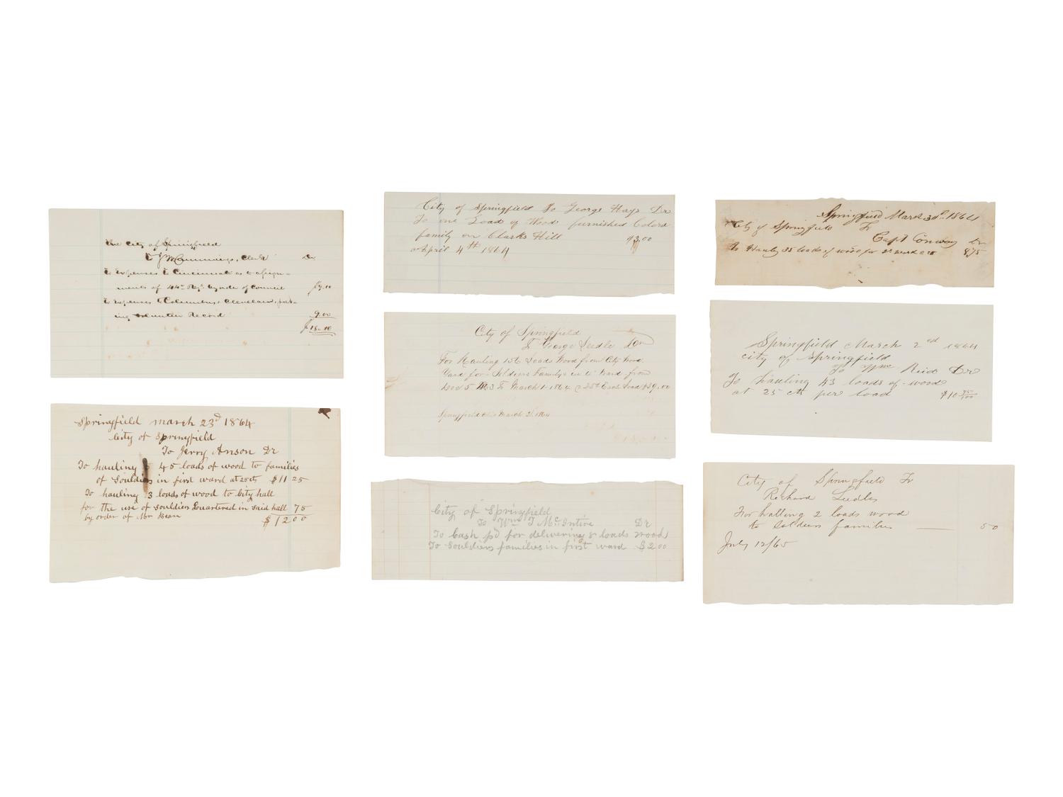 [CIVIL WAR]. Receipts for wood fuel provided to families of soldiers, Springfield, Ohio, ca 1860s.
