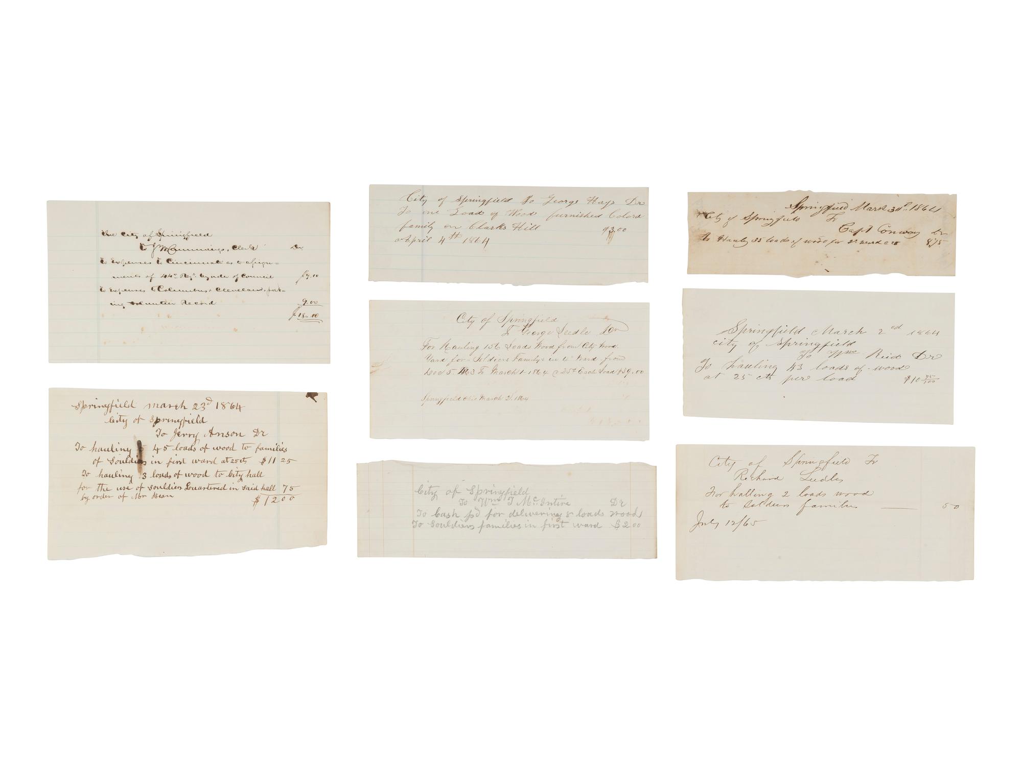 [CIVIL WAR]. Receipts for wood fuel provided to families of soldiers, Springfield, Ohio, ca 1860s.