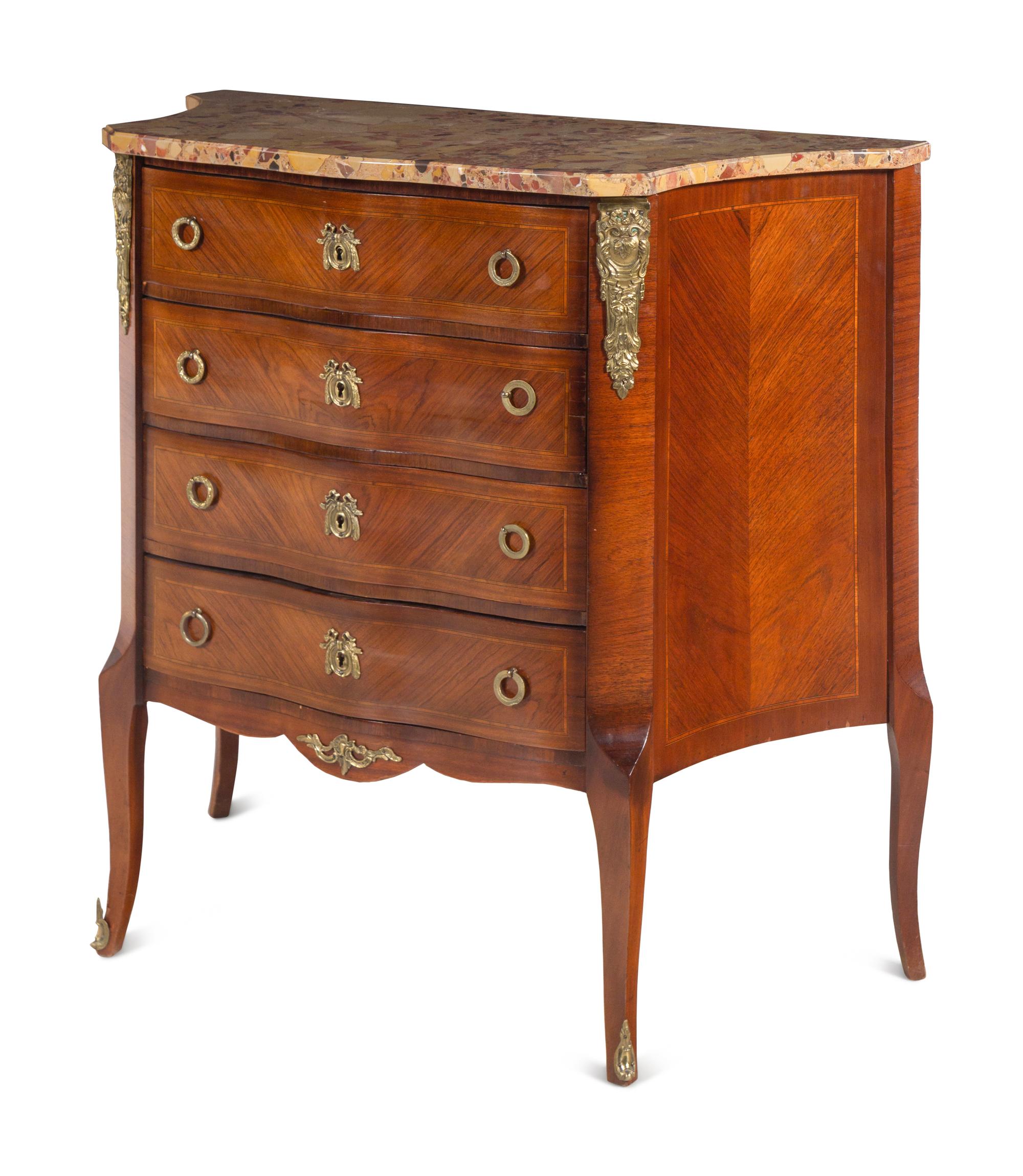 A Louis XV/XVI Transitional Style Gilt Bronze Mounted Marble-Top Commode