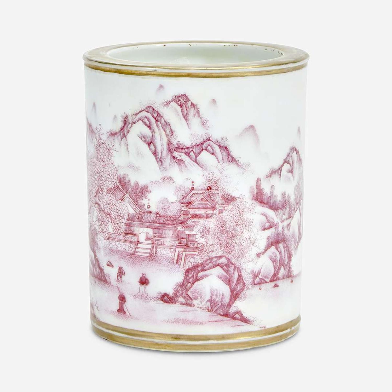 A Chinese puce-enameled porcelain cylindrical brush pot Four-character Yongzheng mark