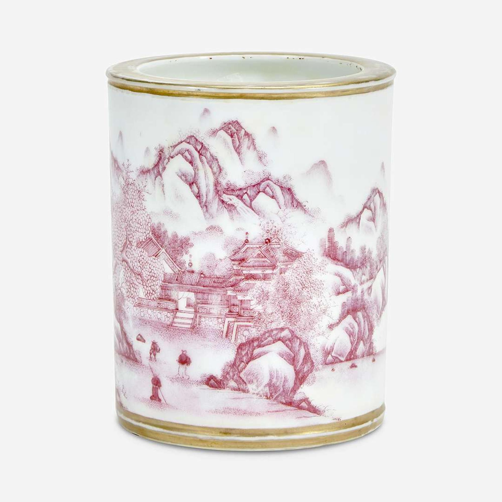 A Chinese puce-enameled porcelain cylindrical brush pot Four-character Yongzheng mark