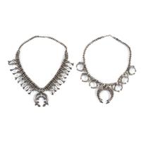 Pair of Navajo Sandcast Silver Squash Blossom Necklaces