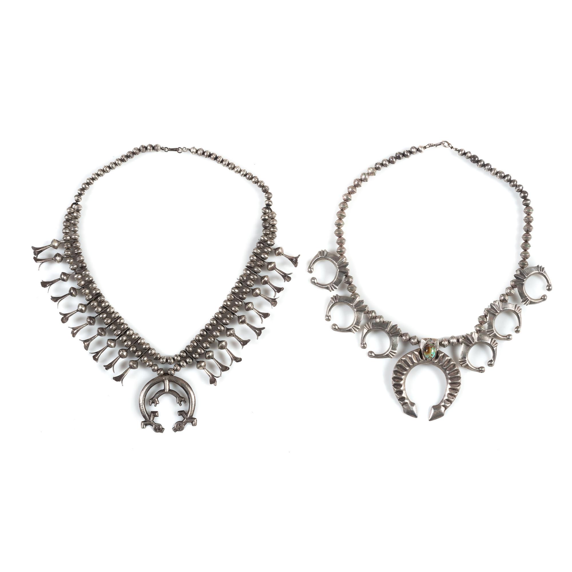 Pair of Navajo Sandcast Silver Squash Blossom Necklaces