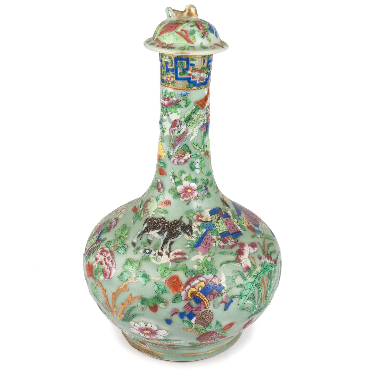 A Chinese Export Celadon Ground Famille Rose Covered Vase