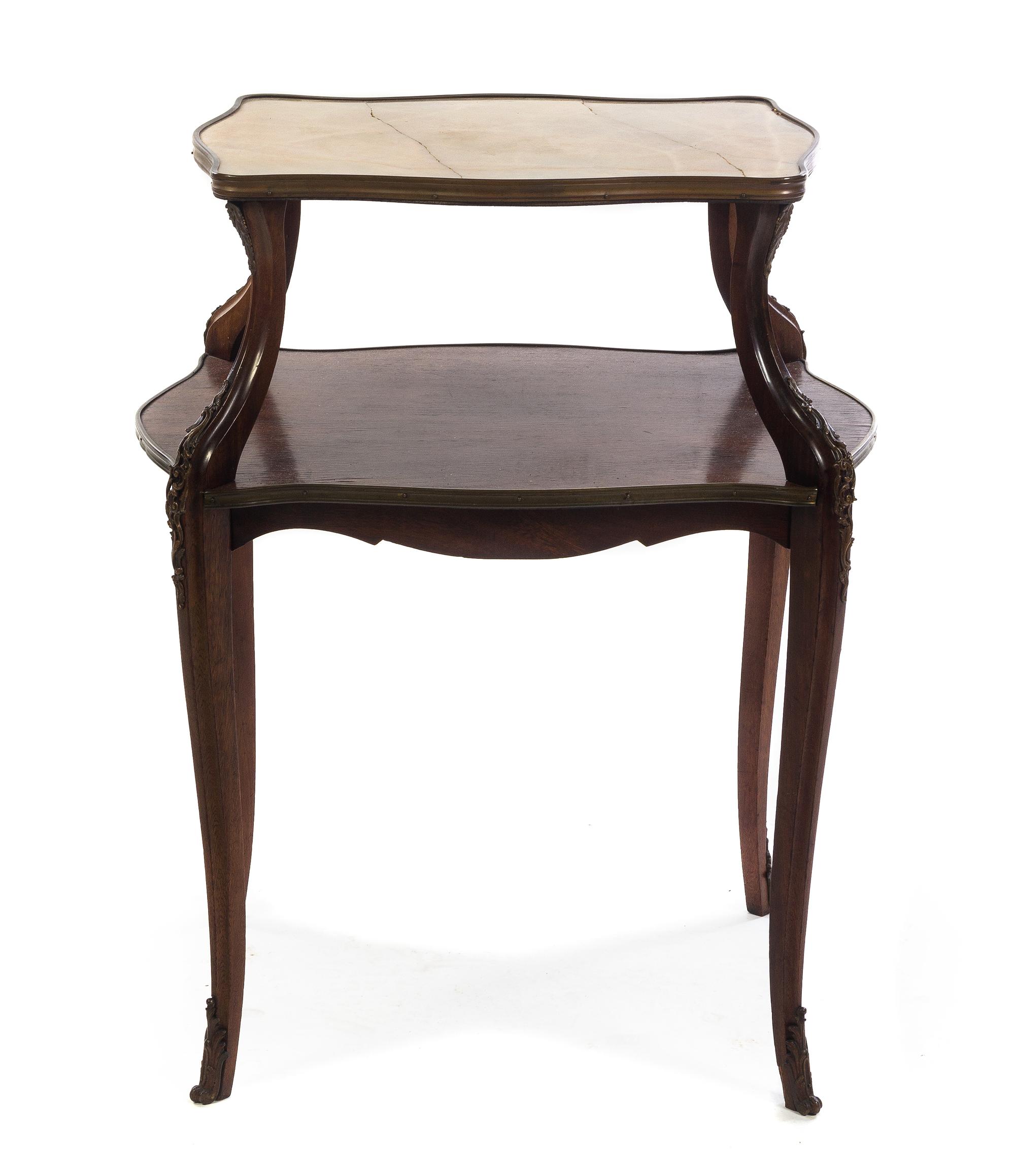 A Louis XVI Style Two-Tiered Occasional Table, Height 35 x width 27 x depth 19 1/2 inches.