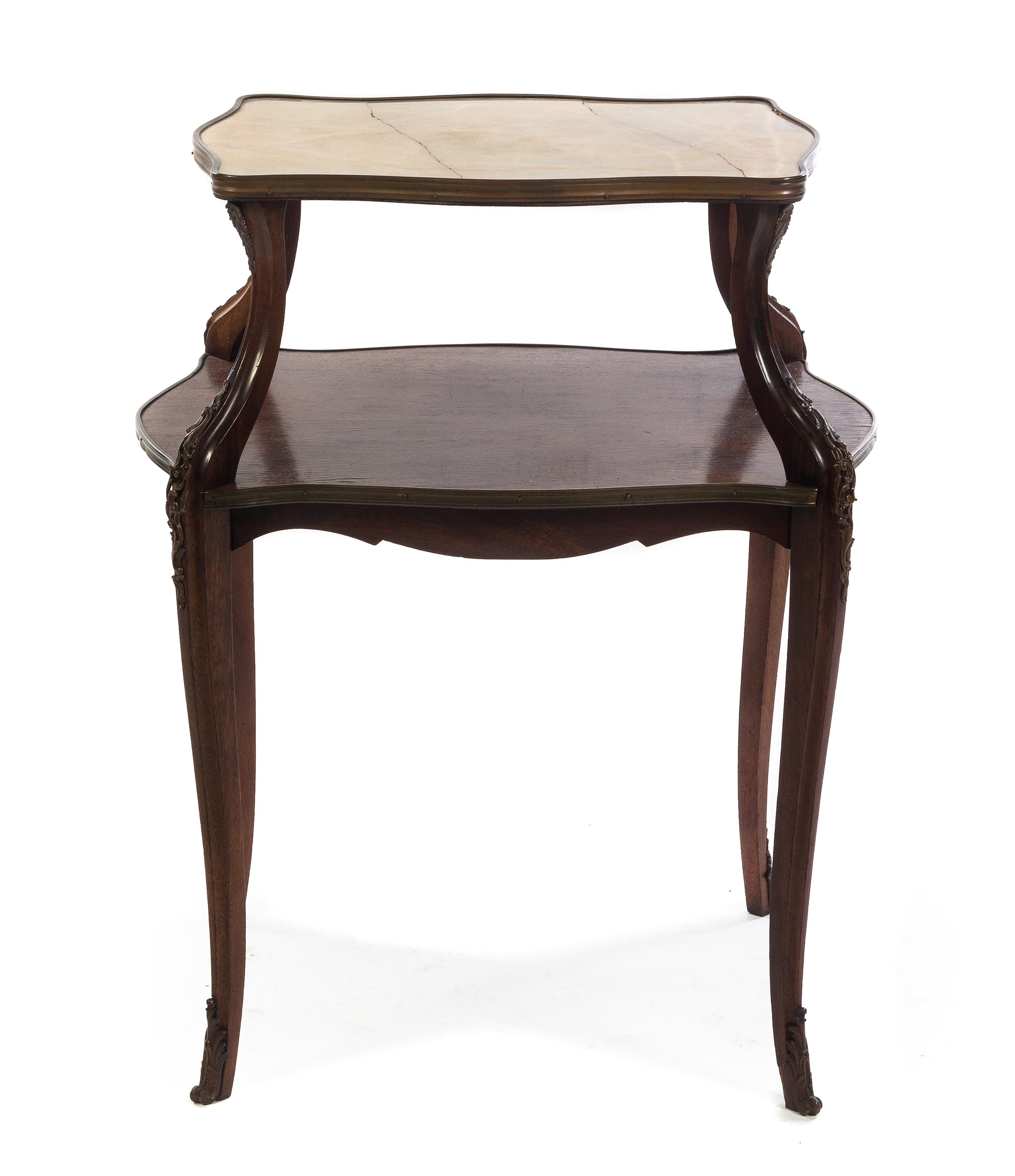 A Louis XVI Style Two-Tiered Occasional Table, Height 35 x width 27 x depth 19 1/2 inches.