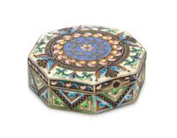 A Russian Enameled Silver Snuff Box, Mark of the 11th Artel, Moscow, Late 19th/Early 20th Century, of octagonal form, the lid centered