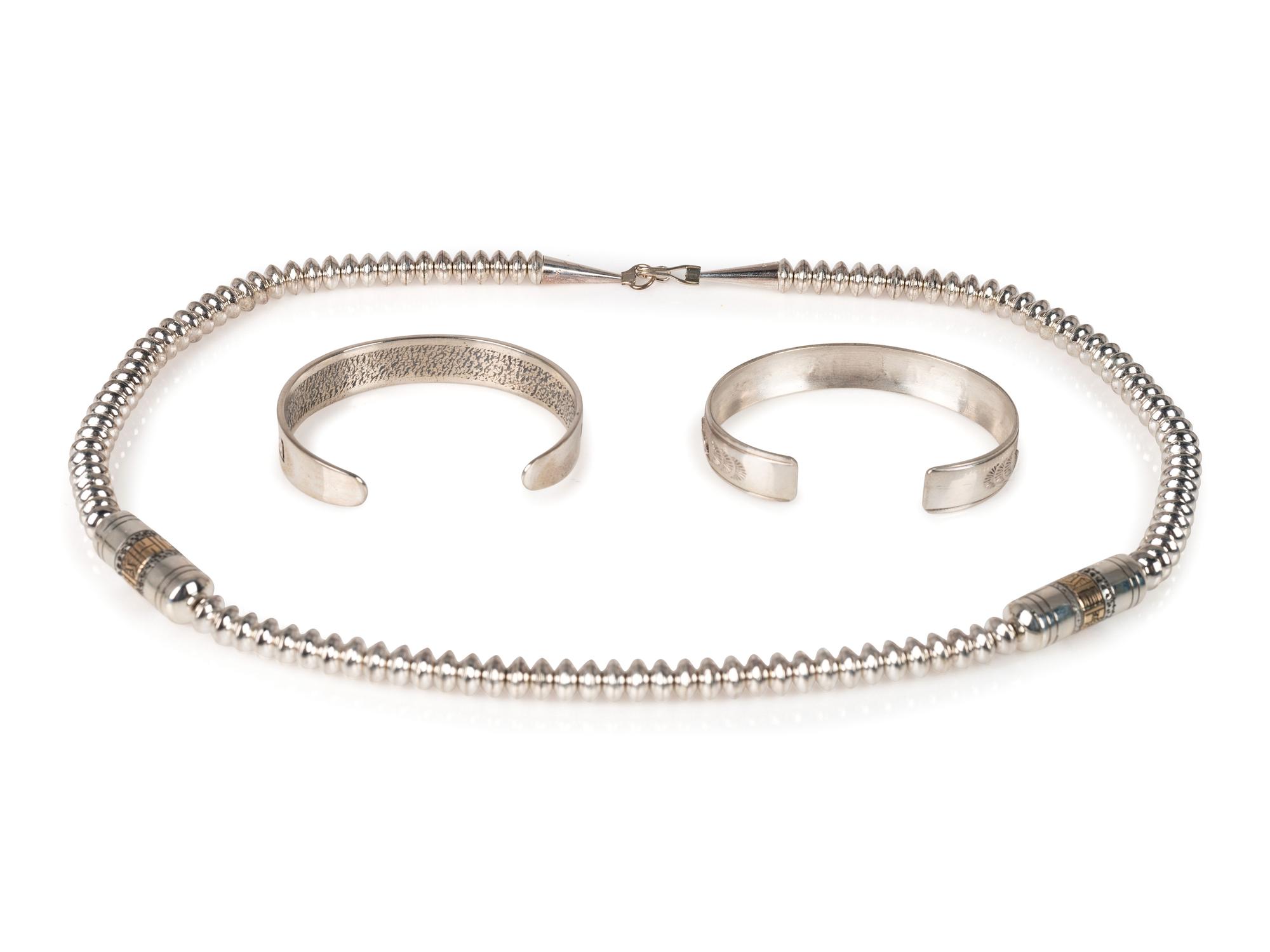 Navajo and Kewa Sterling Silver Necklace AND Cuff Bracelets, with 14K Gold Accents
