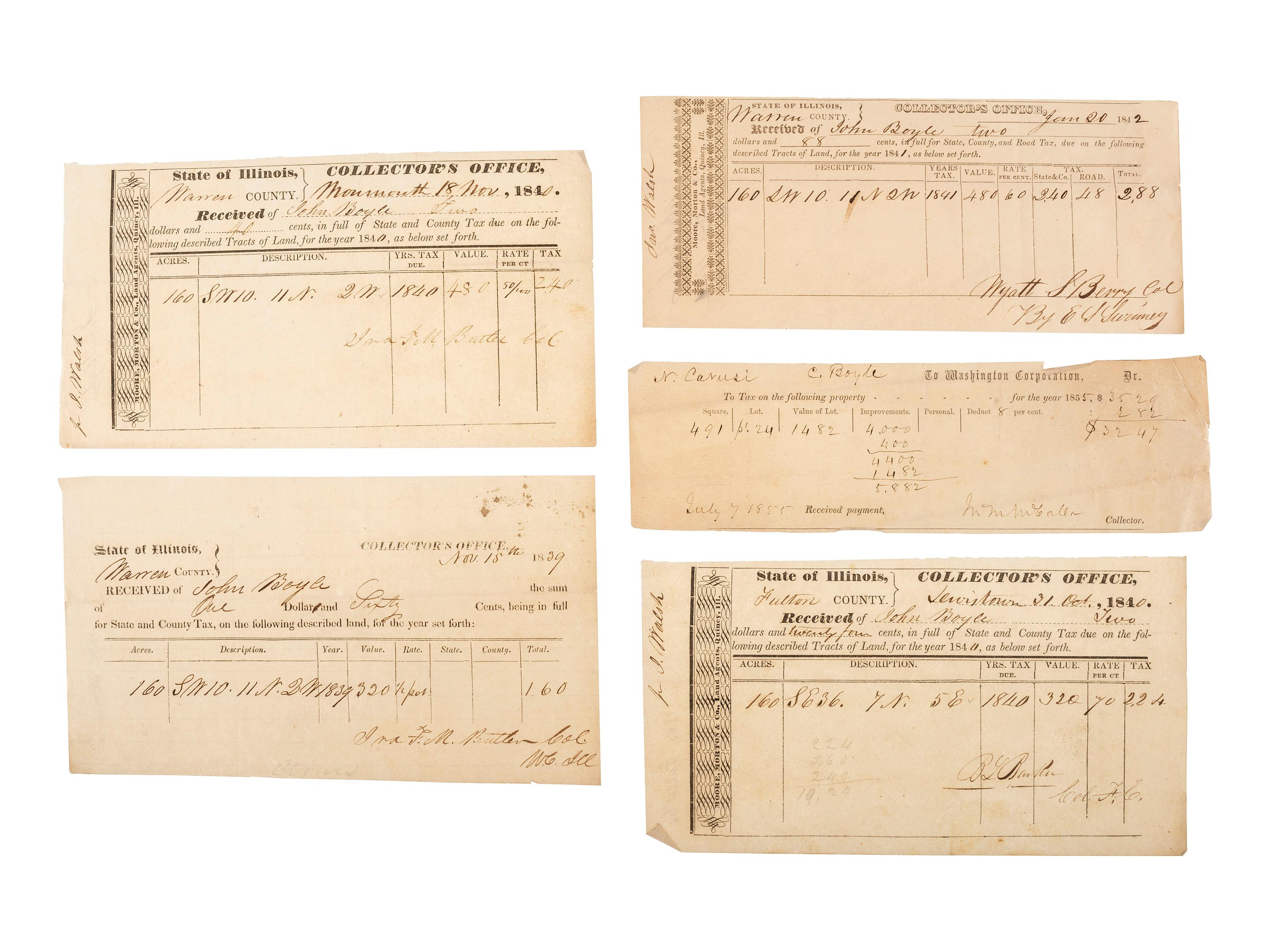 [ILLINOIS] -- [BOYLE, John (1777-1849)]. Archive of correspondence and documents related to the land holdings of speculator, businessman, and Secretary of the Navy John Boyle.