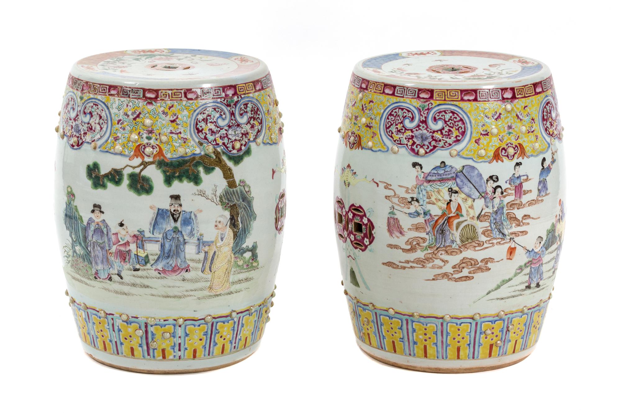 A Pair of Chinese Export Famille Rose Porcelain Garden Seats Height 19 1/2 inches. — 19TH CENTURY