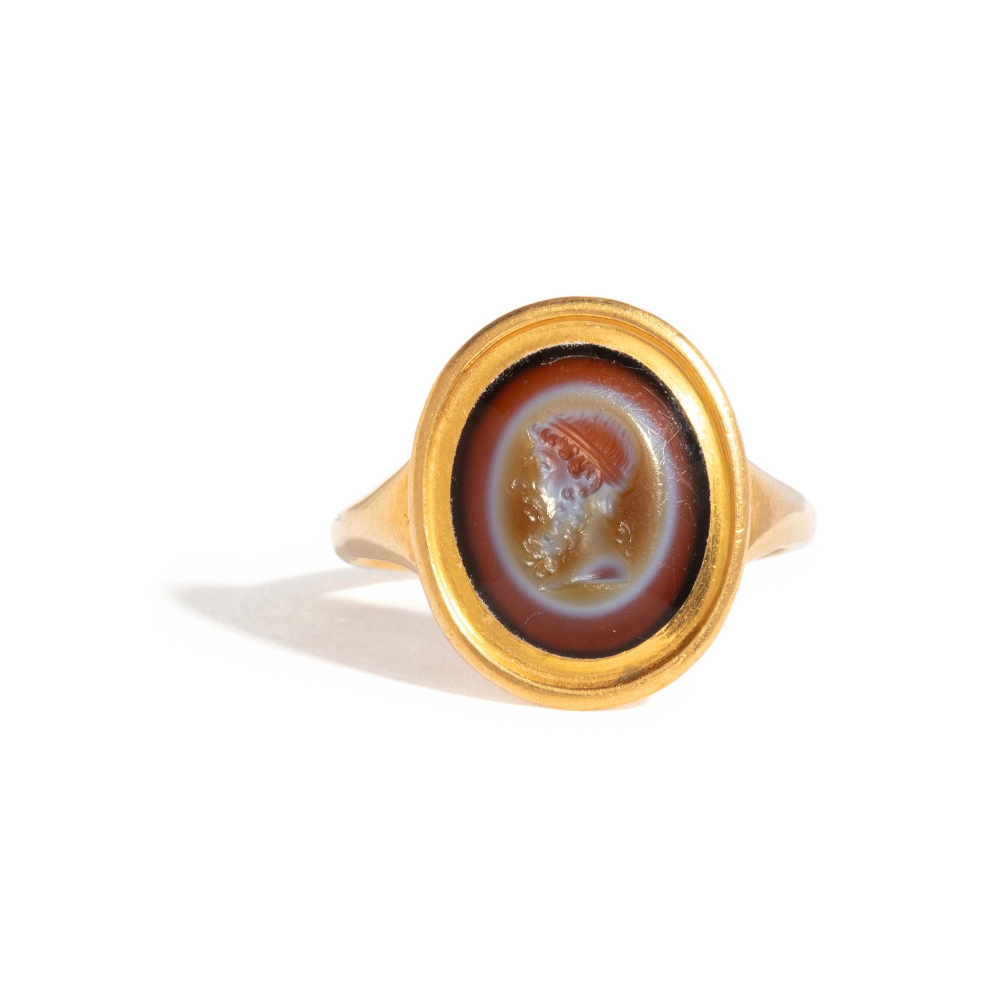 A Roman Banded Agate Ring Stone with the God Dionysus — Set in a gold ring