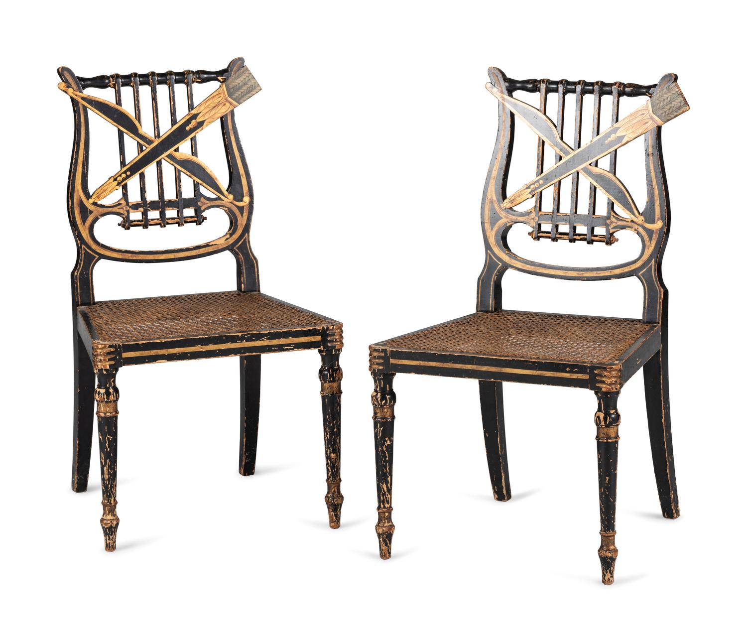 A Pair of Classical Gilt and Black Painted Lyre-Back Cane Upholstered Side Chairs