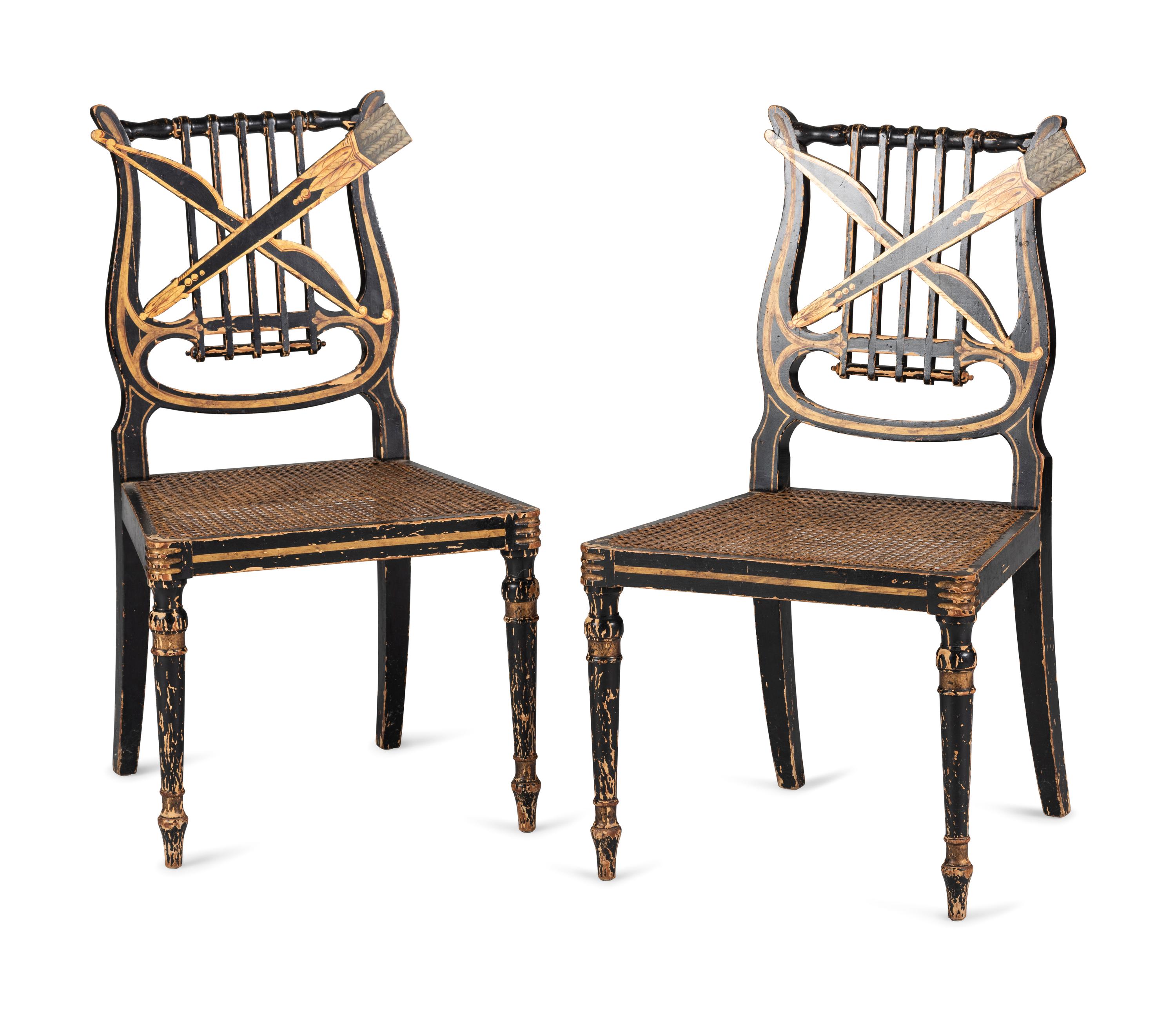 A Pair of Classical Gilt and Black Painted Lyre-Back Cane Upholstered Side Chairs