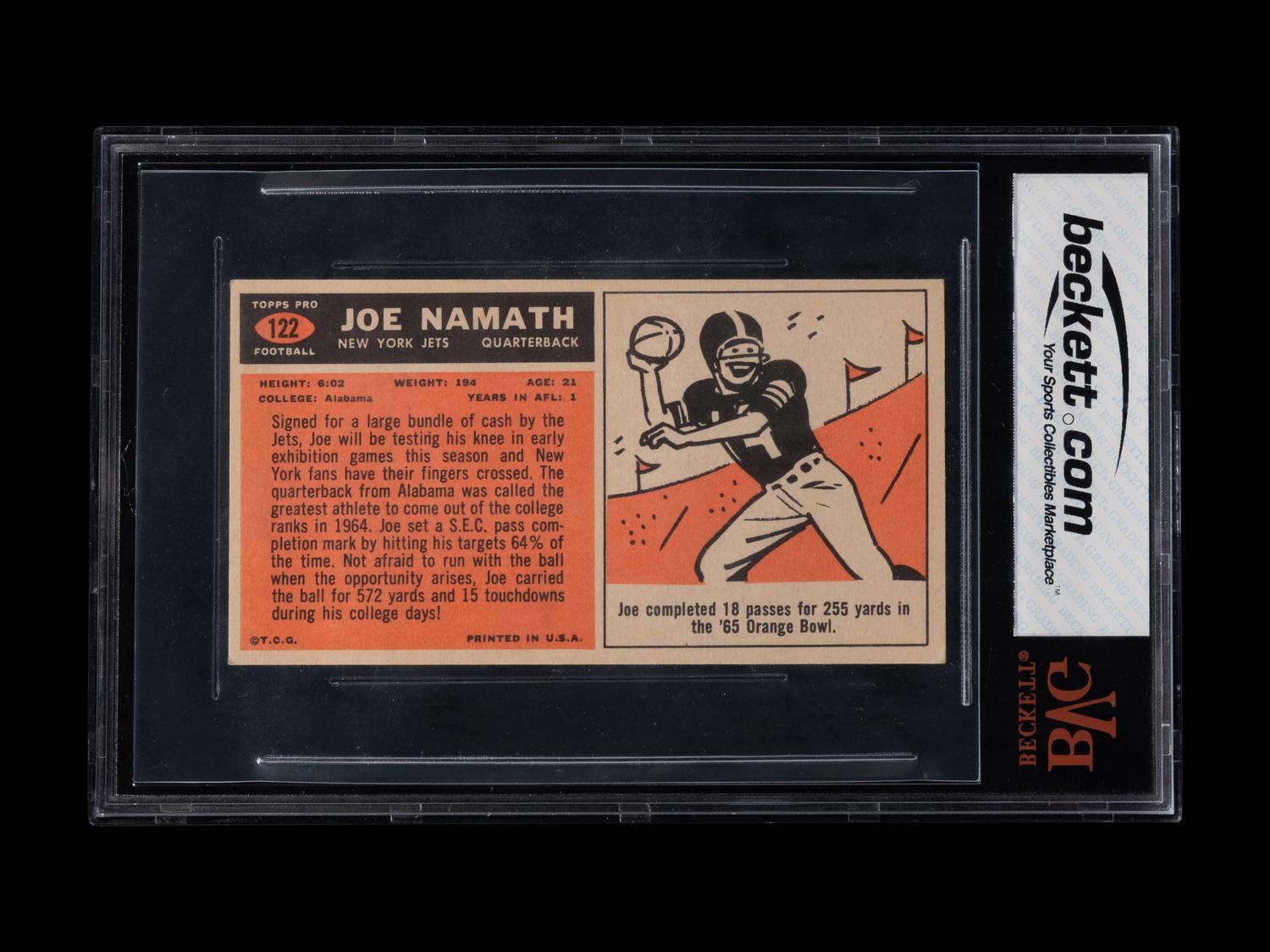 A 1965 Topps Joe Namath Rookie Football Card No. 122 (BVG 5.5 EXCELLENT +)