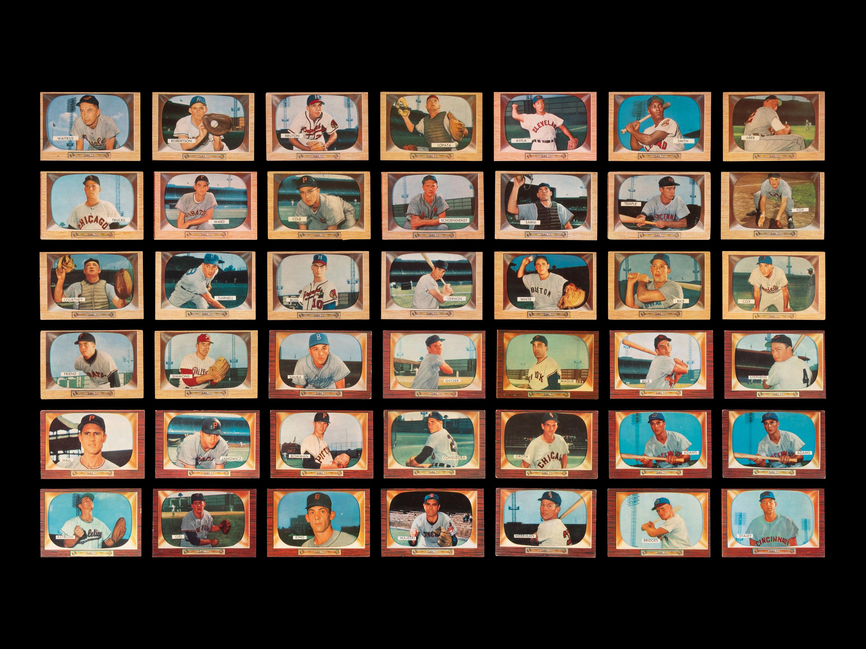 A Group of 58 1955 Bowman Baseball Cards Including Ernie Banks,