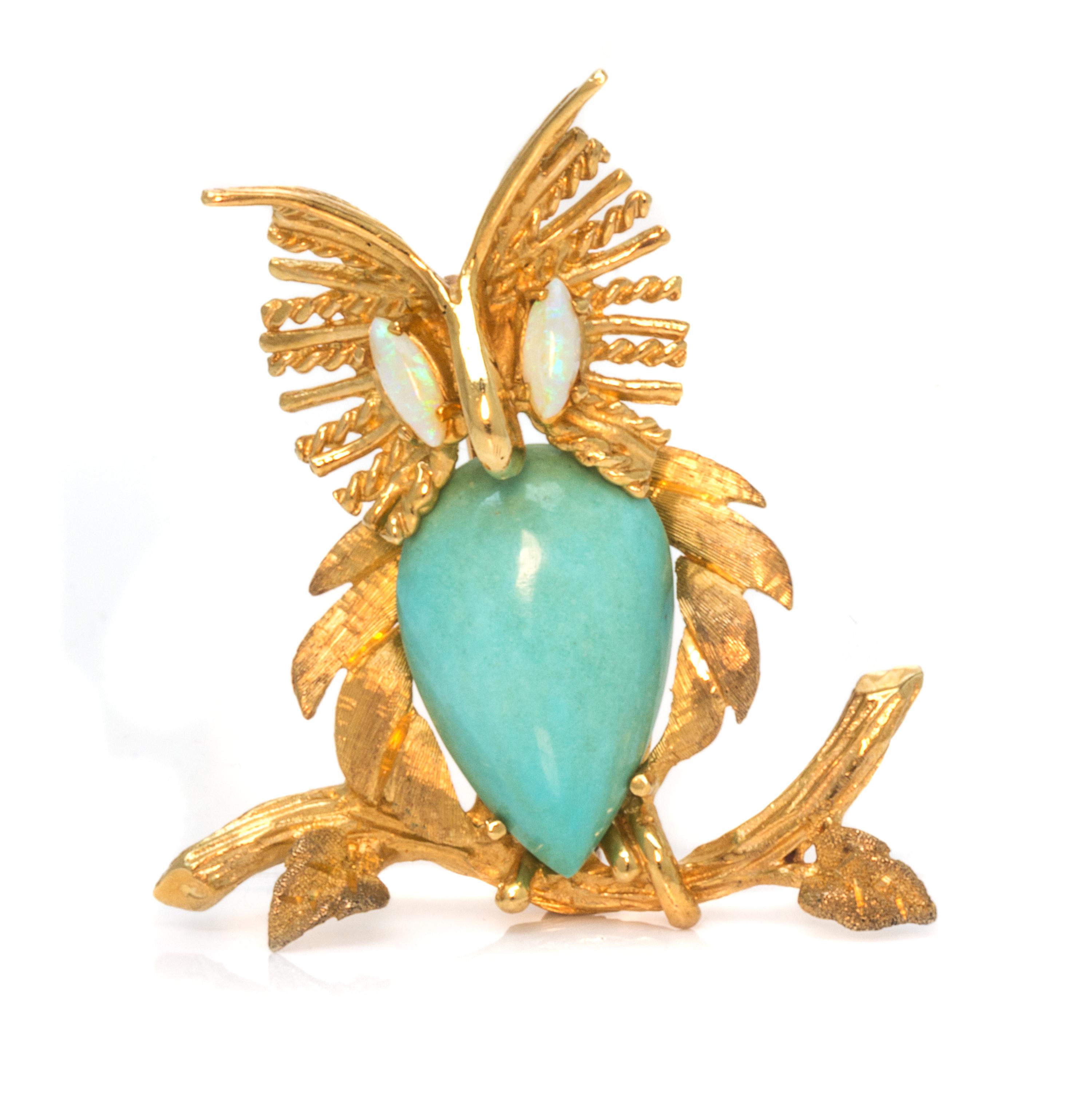An 18 Karat Yellow Gold, Turquoise and Opal Owl Motif Brooch, 6.30 dwts